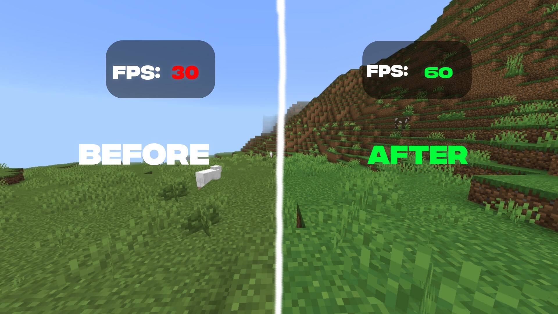 Optifps Texture Pack Screenshot 1 Before and after comparison showing framerate boost with Optifps Texture Pack