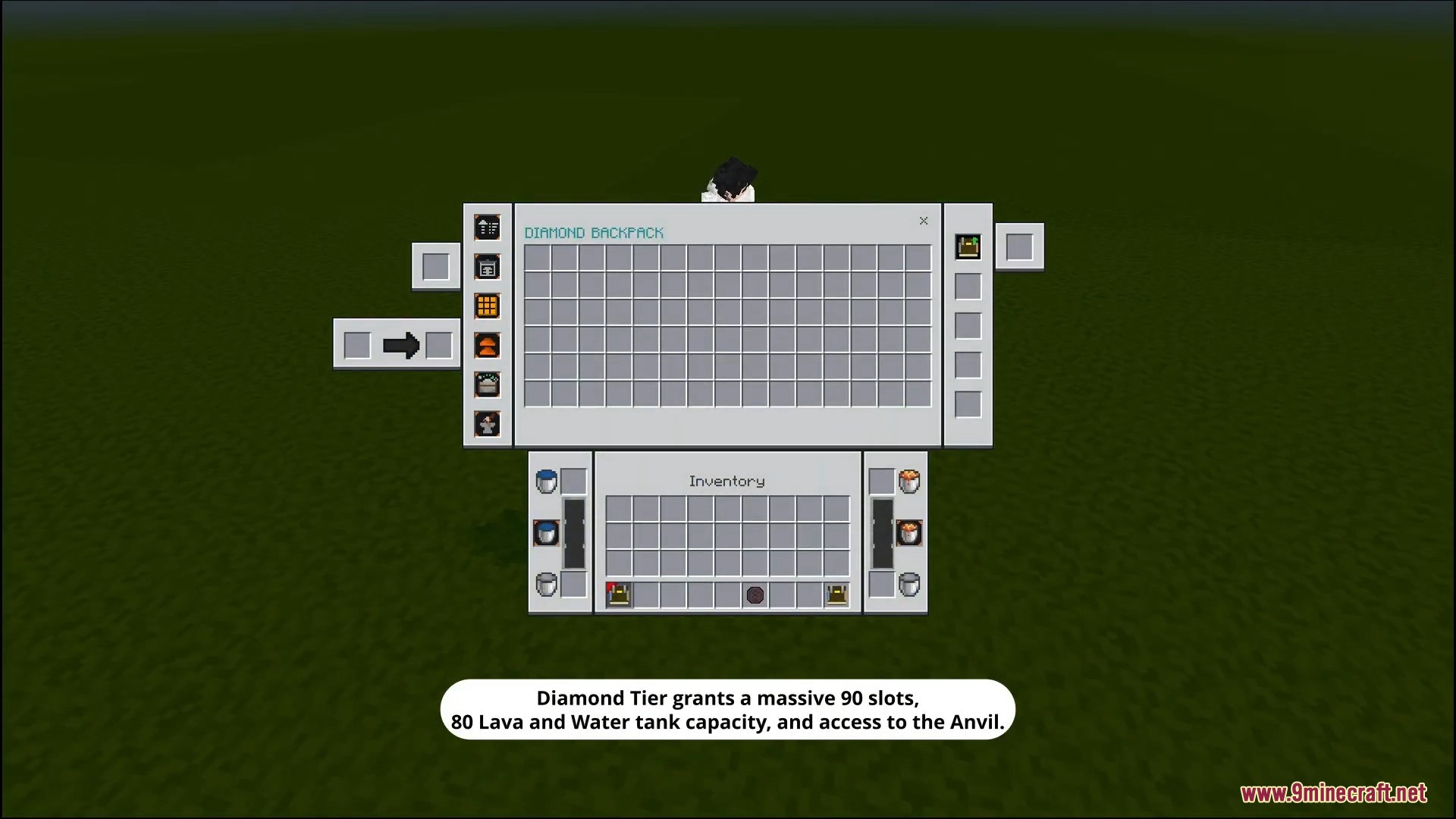 Diamond backpack tier providing ninety storage slots and fluid tanks