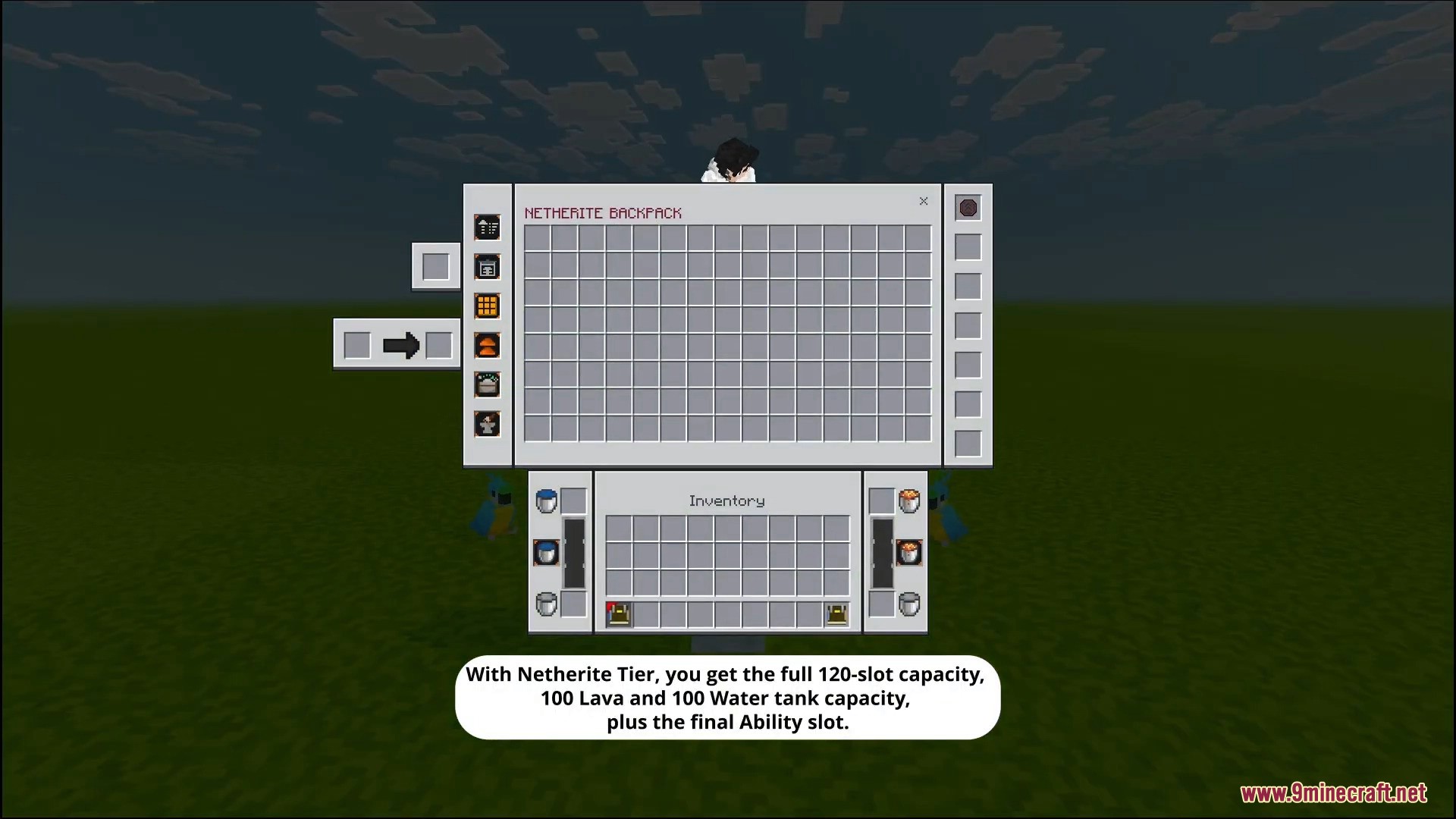 Netherite backpack interface showing large portable storage and fluid tanks