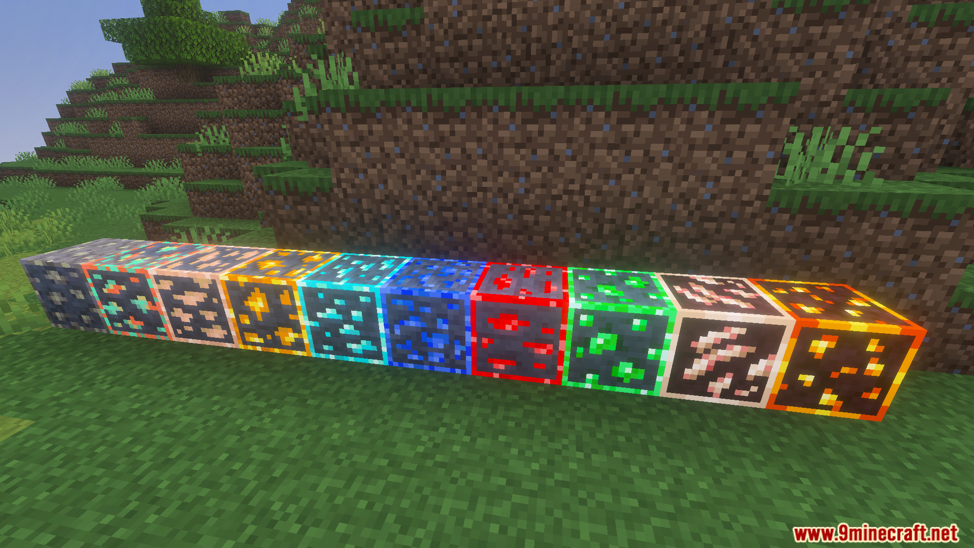 Outlined and Glowing Ores Texture Pack Screenshot 2 row of various minecraft ore blocks displaying bright glowing colored outlines