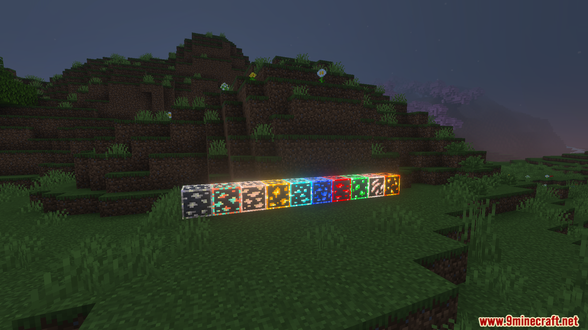 Outlined and Glowing Ores Texture Pack Screenshot 3 Row of different ore blocks shining brightly with glowing outlines at night