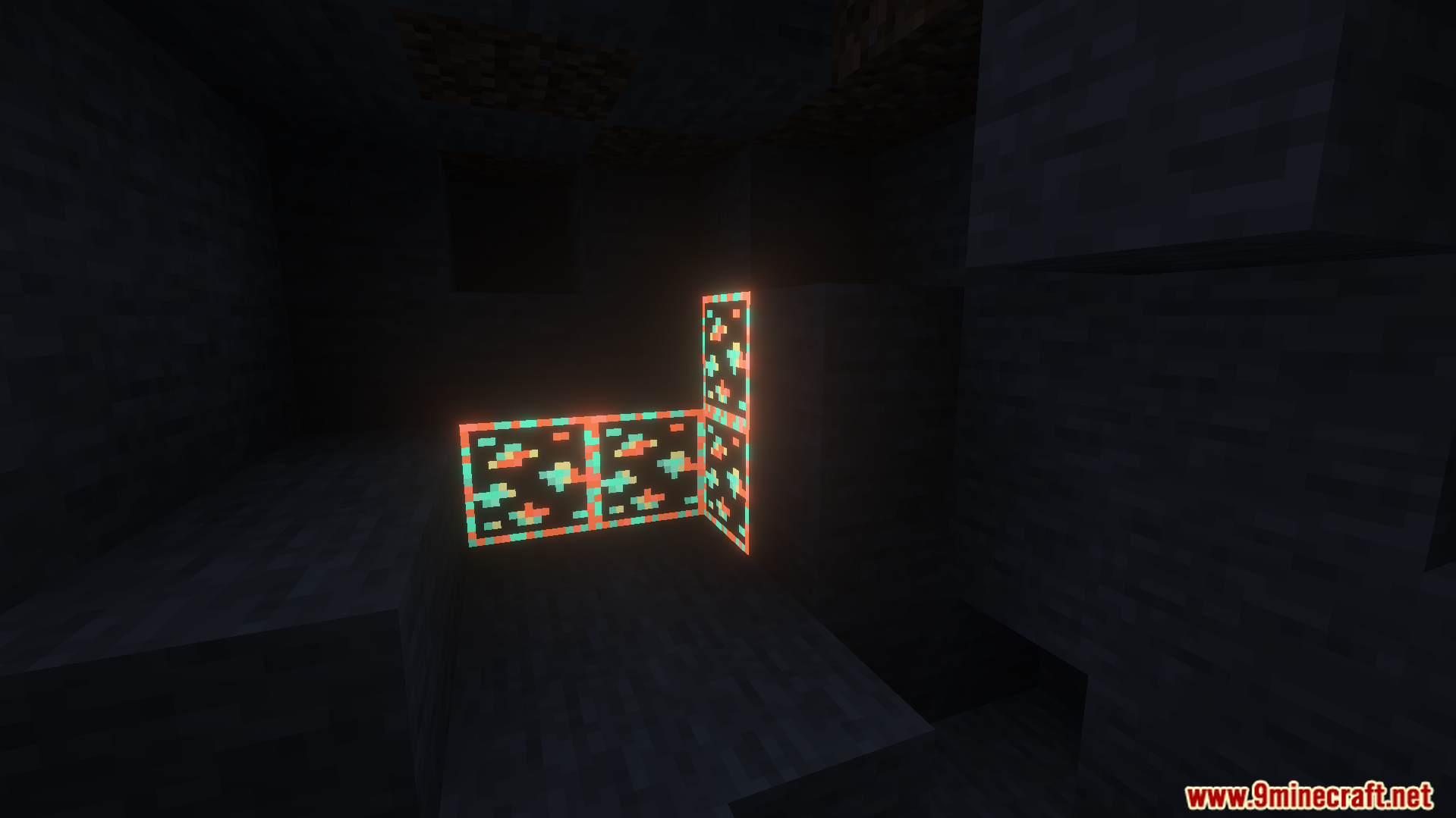 Outlined and Glowing Ores Texture Pack Screenshot 5 Glowing diamond ores with bright borders in a dark cave