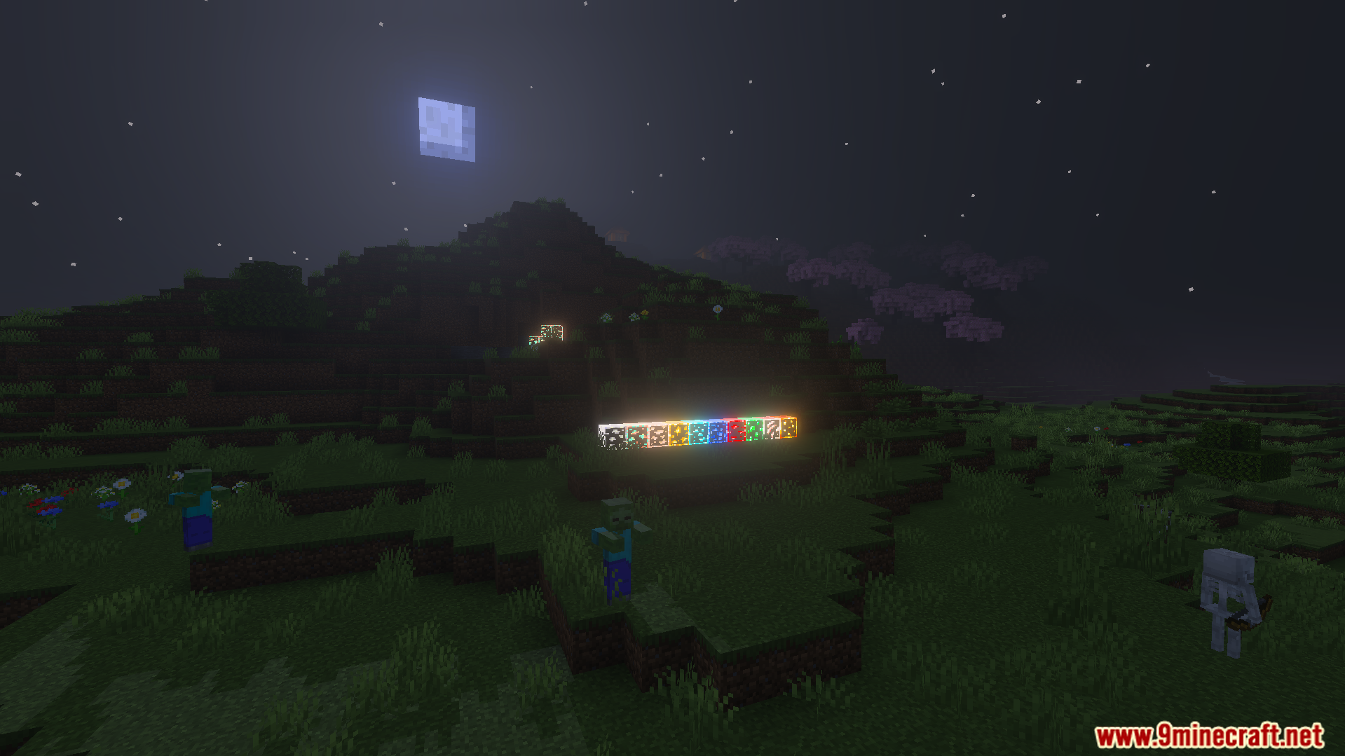 Outlined and Glowing Ores Texture Pack Screenshot 6 Various types of glowing ores placed outside at night near mobs