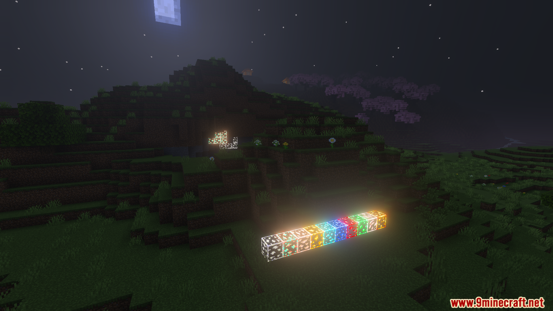 Outlined and Glowing Ores Texture Pack Screenshot 7 glowing outlined ore blocks shining brightly on the grass at night