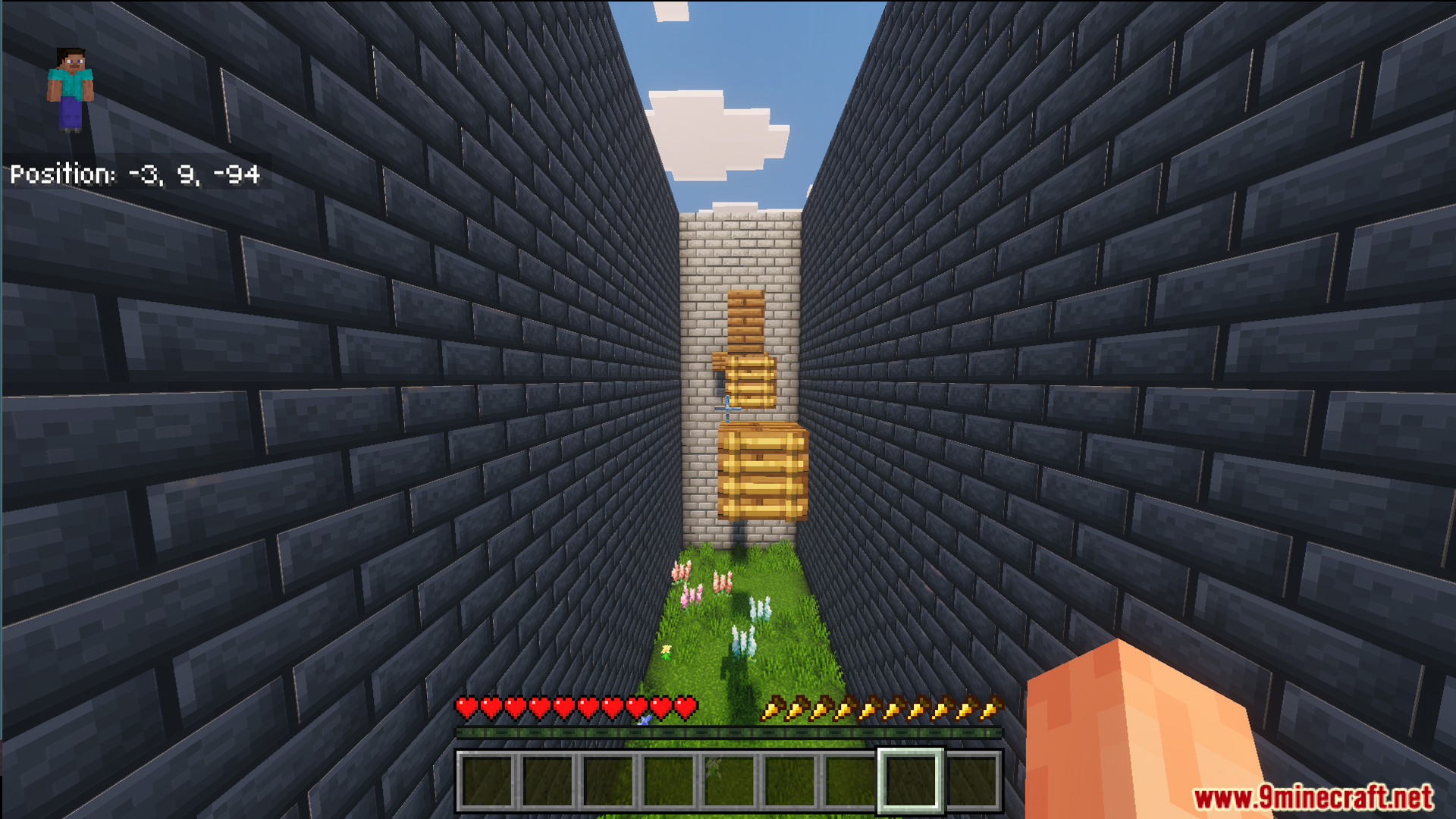 Parkour with Levals Map Screenshot 4 First person view of floating wooden blocks in a narrow stone brick hallway