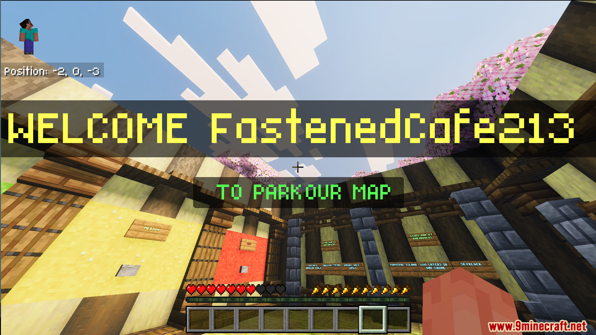 Parkour with Levals Map Screenshot 7 Welcome screen in a wooden lobby within the Parkour with levals Map