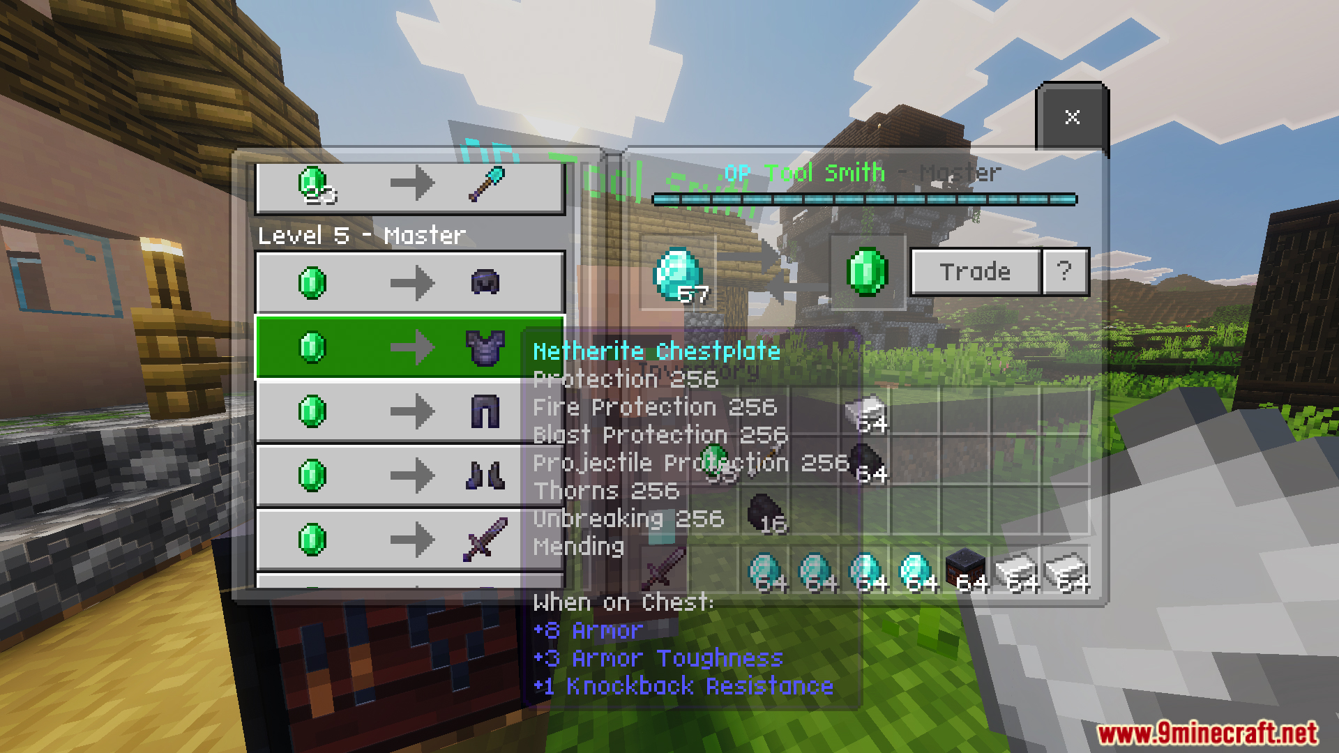 Part II OP Tool Smith Mod Map Screenshot 6 Master level villager trade offering overpowered netherite armor with high level enchantments