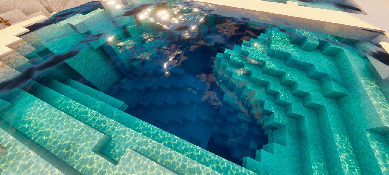 Realistic water reflections and light rays in a deep blue blocky pool