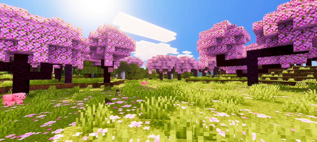 Vibrant cherry blossom forest with pink trees and a pig on the grass