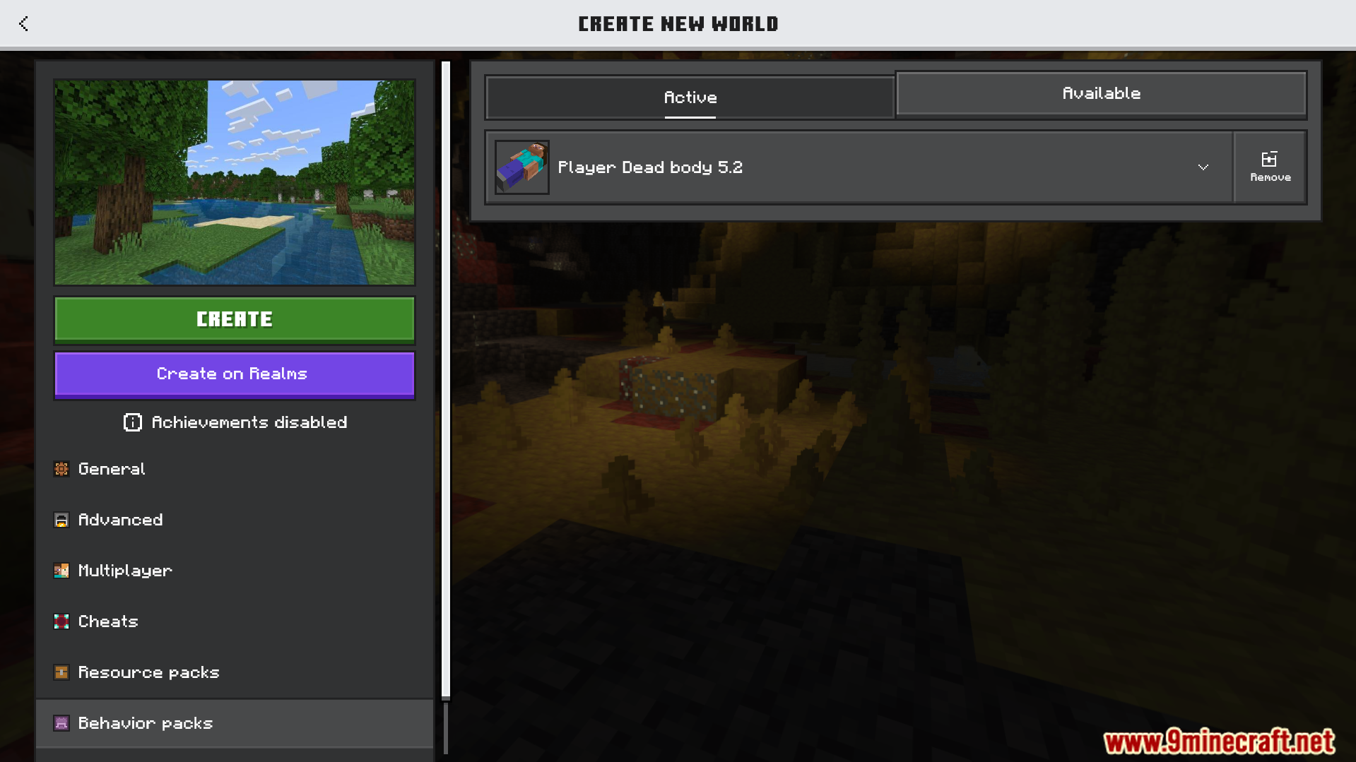 Minecraft world creation screen with the Player Dead body behavior pack active