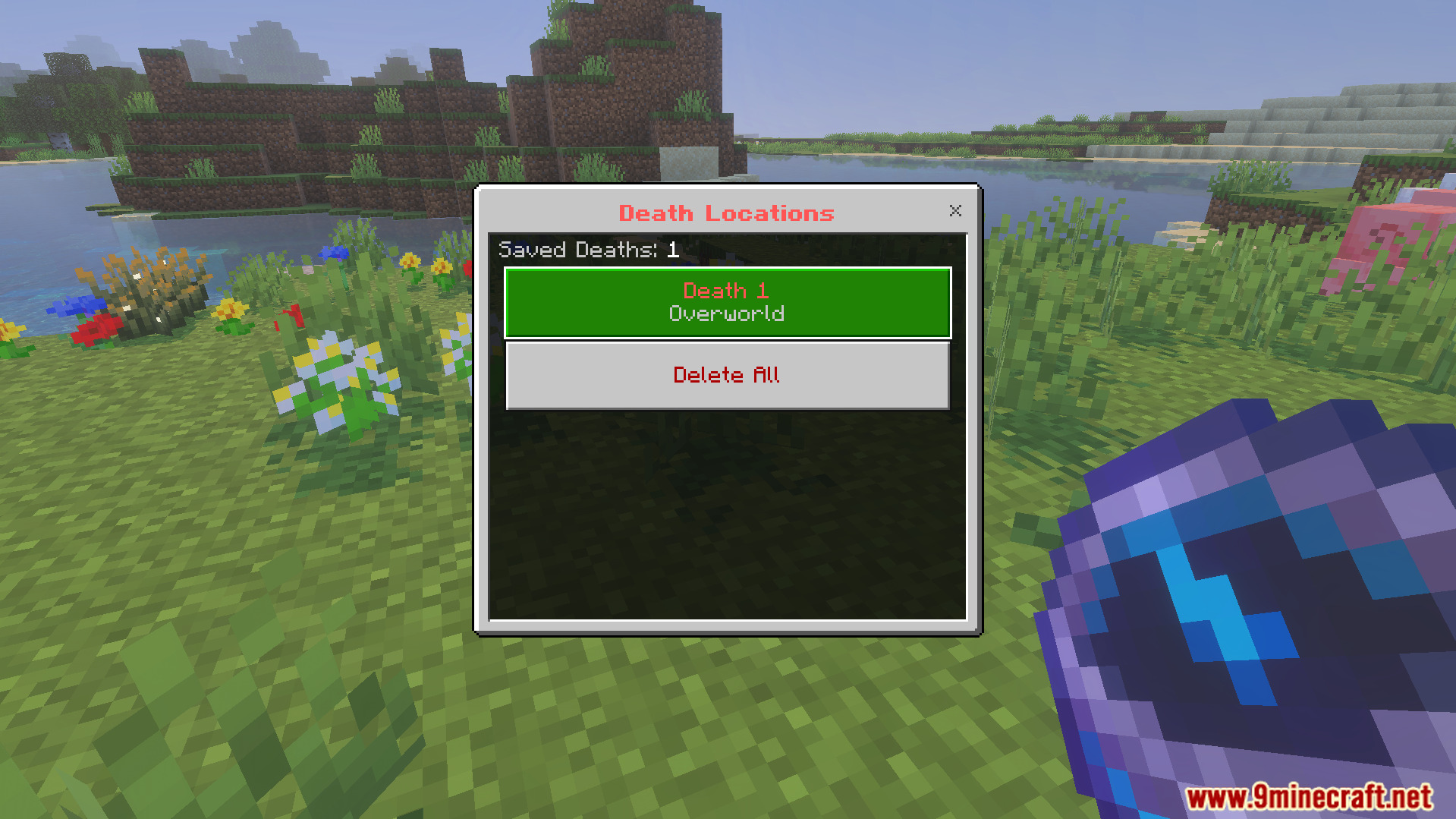 A menu interface showing saved death locations in the Minecraft Overworld dimension