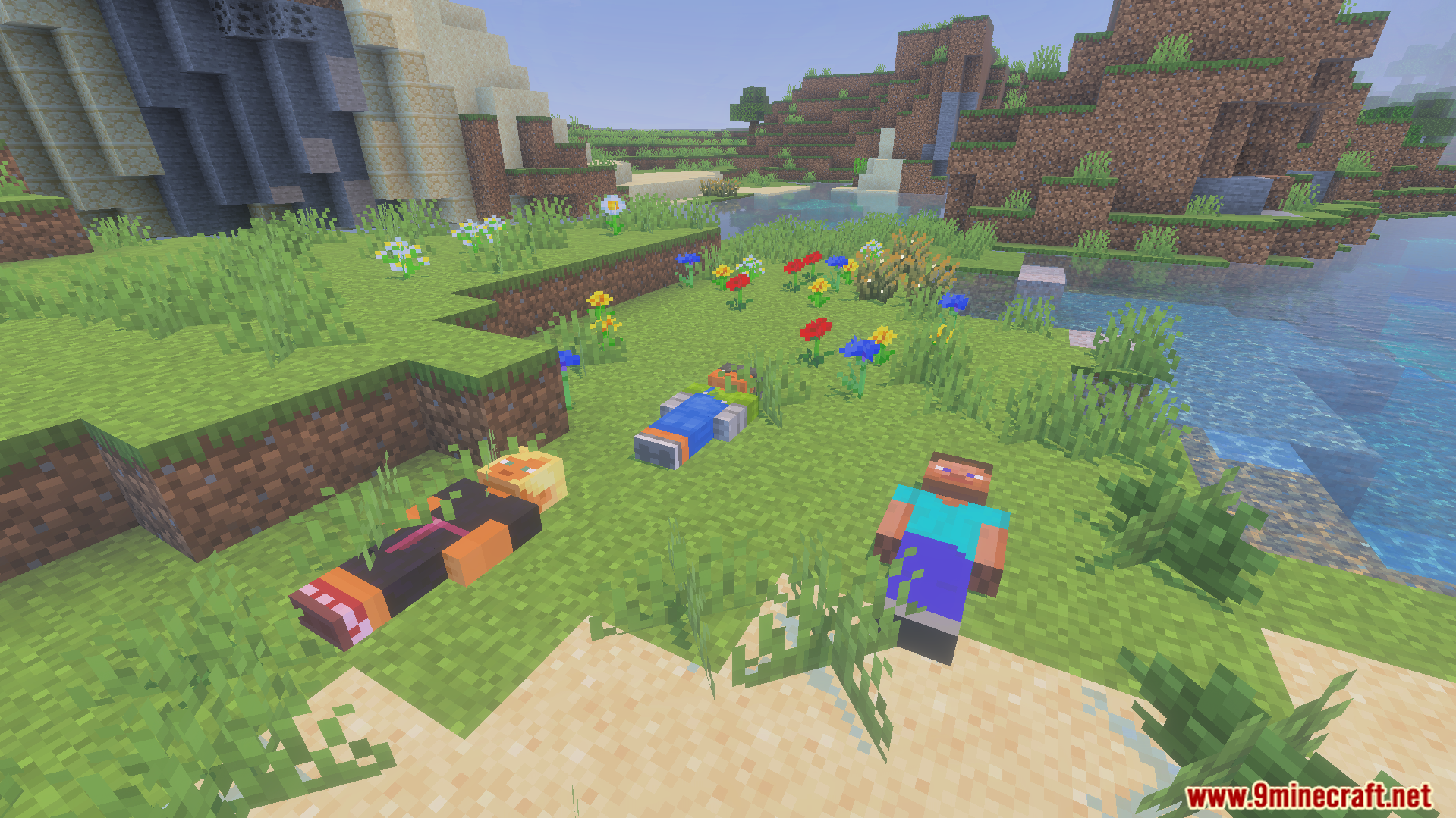 Three Minecraft player characters lying on the grass representing physical bodies after death