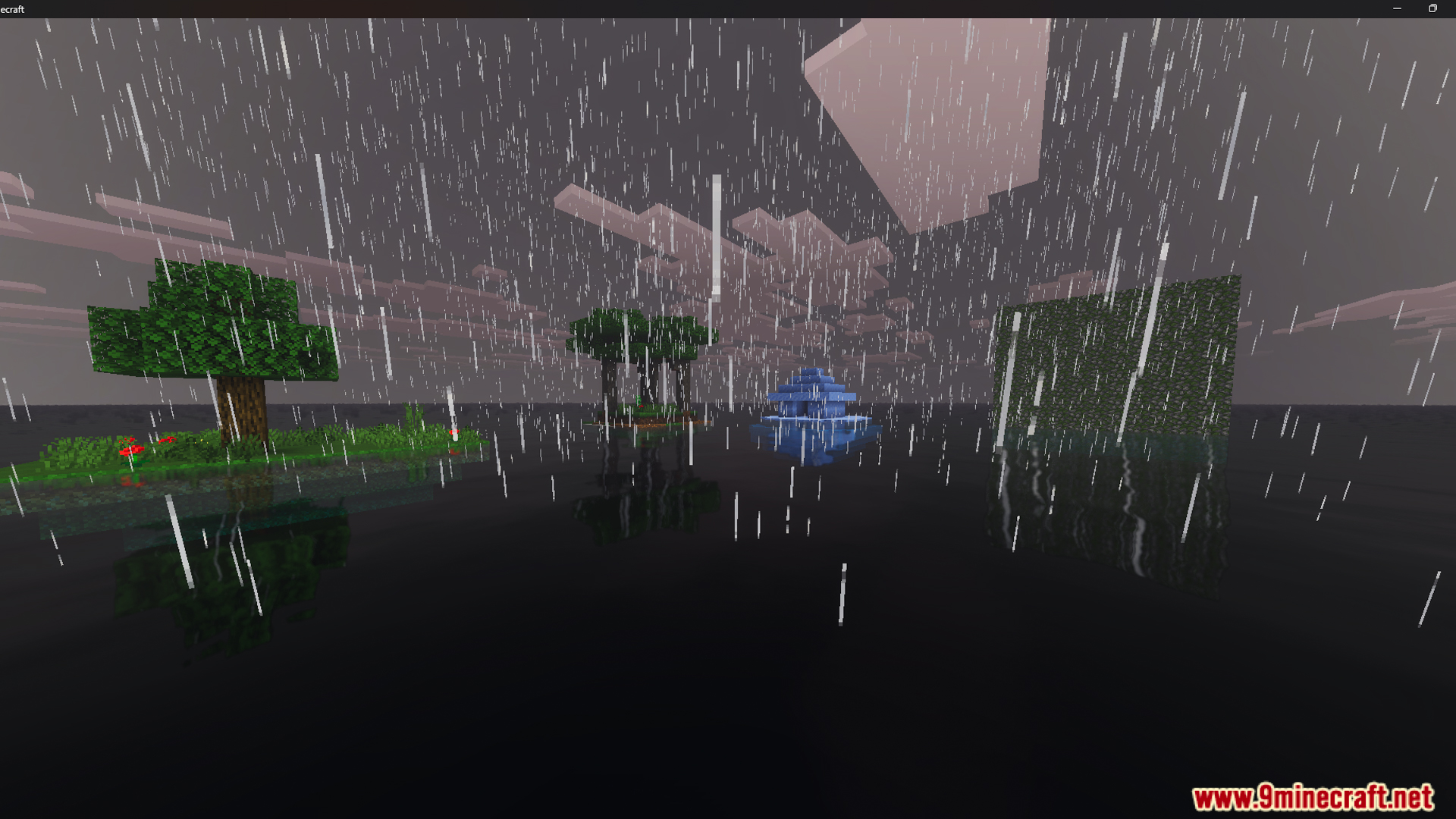 Various themed islands with trees and structures floating in a rainy ocean