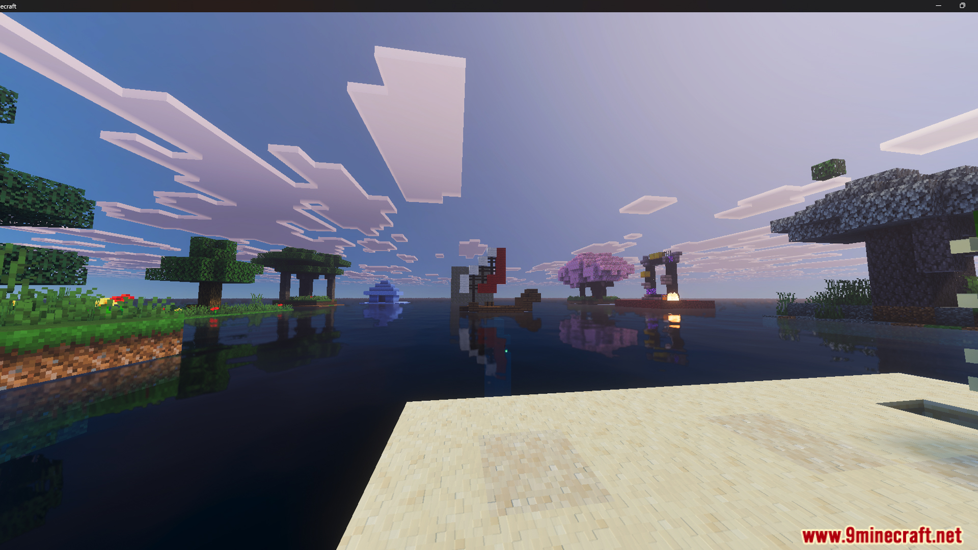 Clear daytime view of various custom islands across the vast open ocean