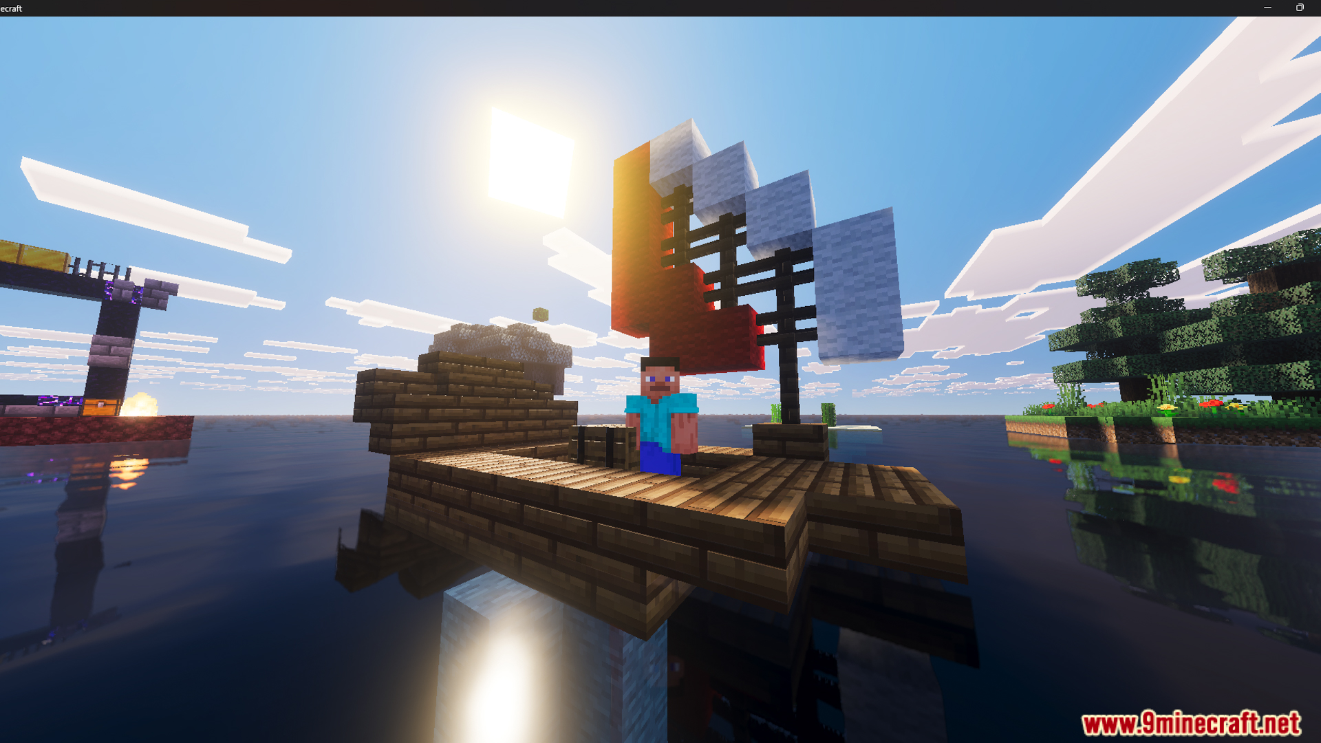 Player character standing on a wooden raft with a red and white sail