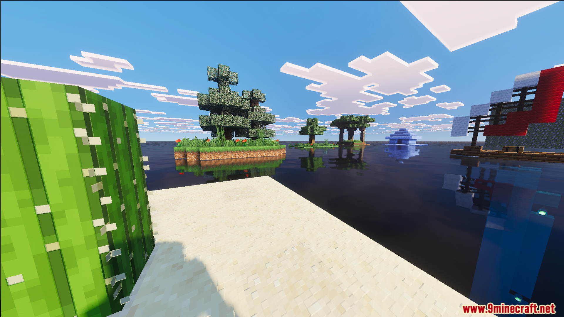 Raft Only World Ultimate Survival Map Screenshot 1 A cactus on sand overlooking floating islands with trees and a small boat