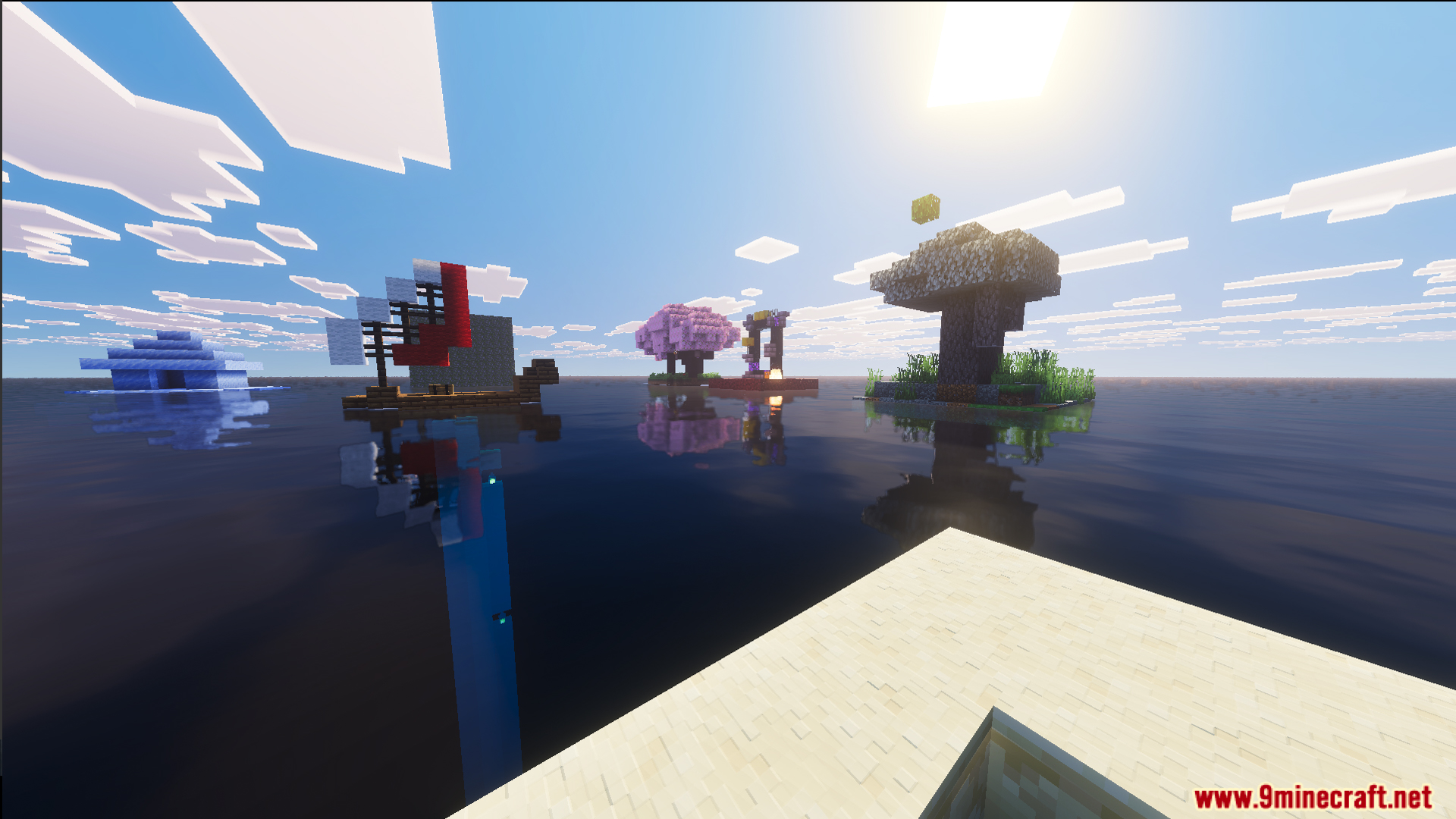 Raft Only World Ultimate Survival Map Screenshot 2 Floating islands featuring a cherry blossom tree and a ruined nether portal structure