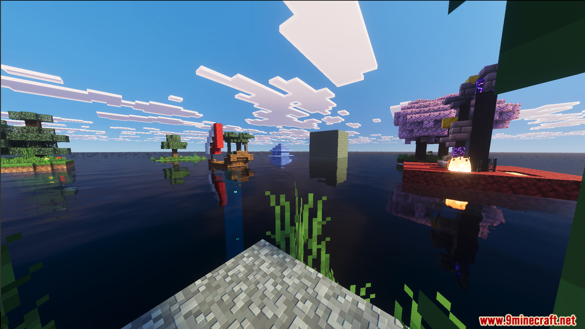 Raft Only World Ultimate Survival Map Screenshot 4 Floating islands with a ruined nether portal and a boat on the ocean