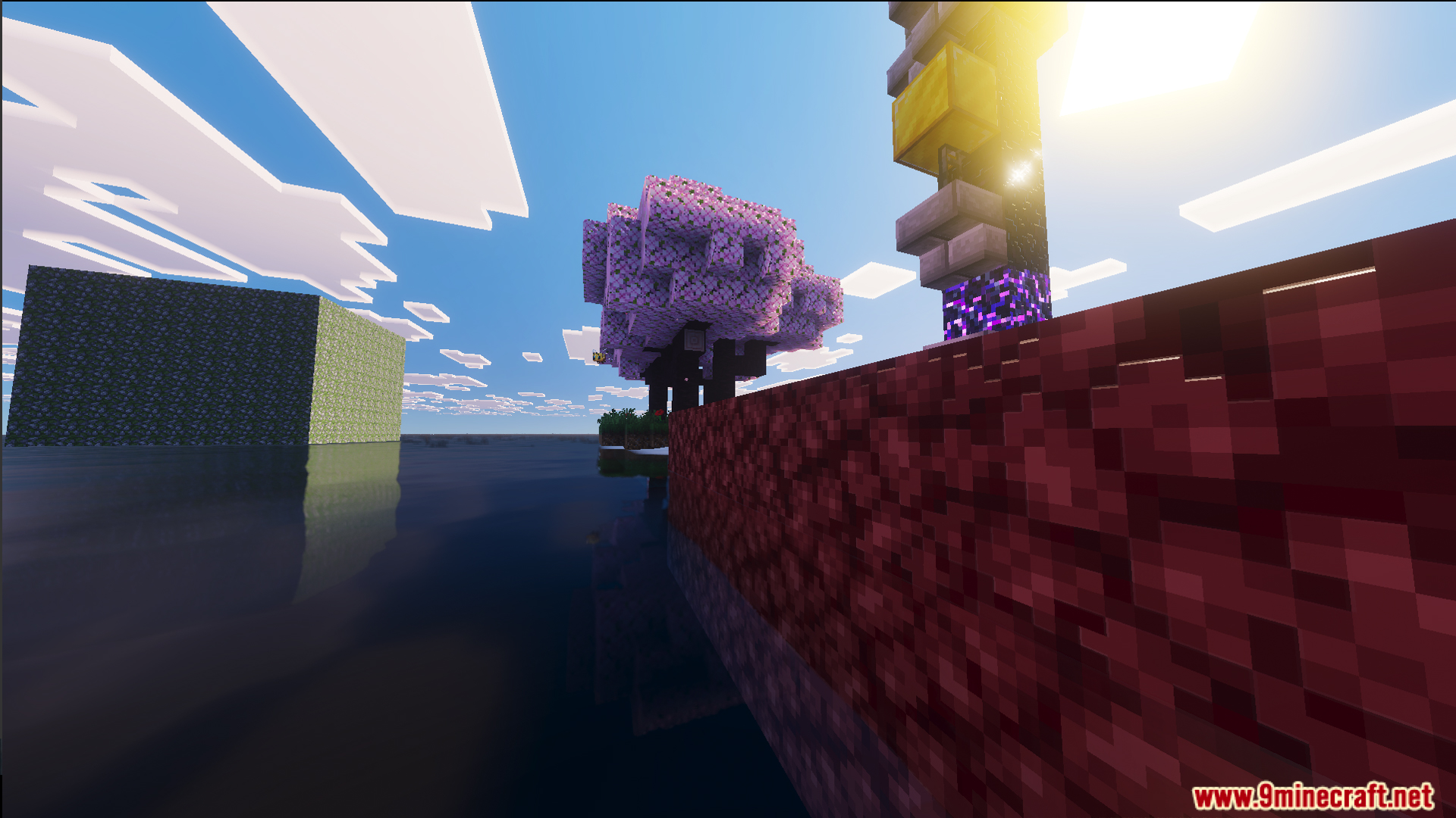 Raft Only World Ultimate Survival Map Screenshot 5 Ruined nether portal with gold blocks near a floating island in the ocean