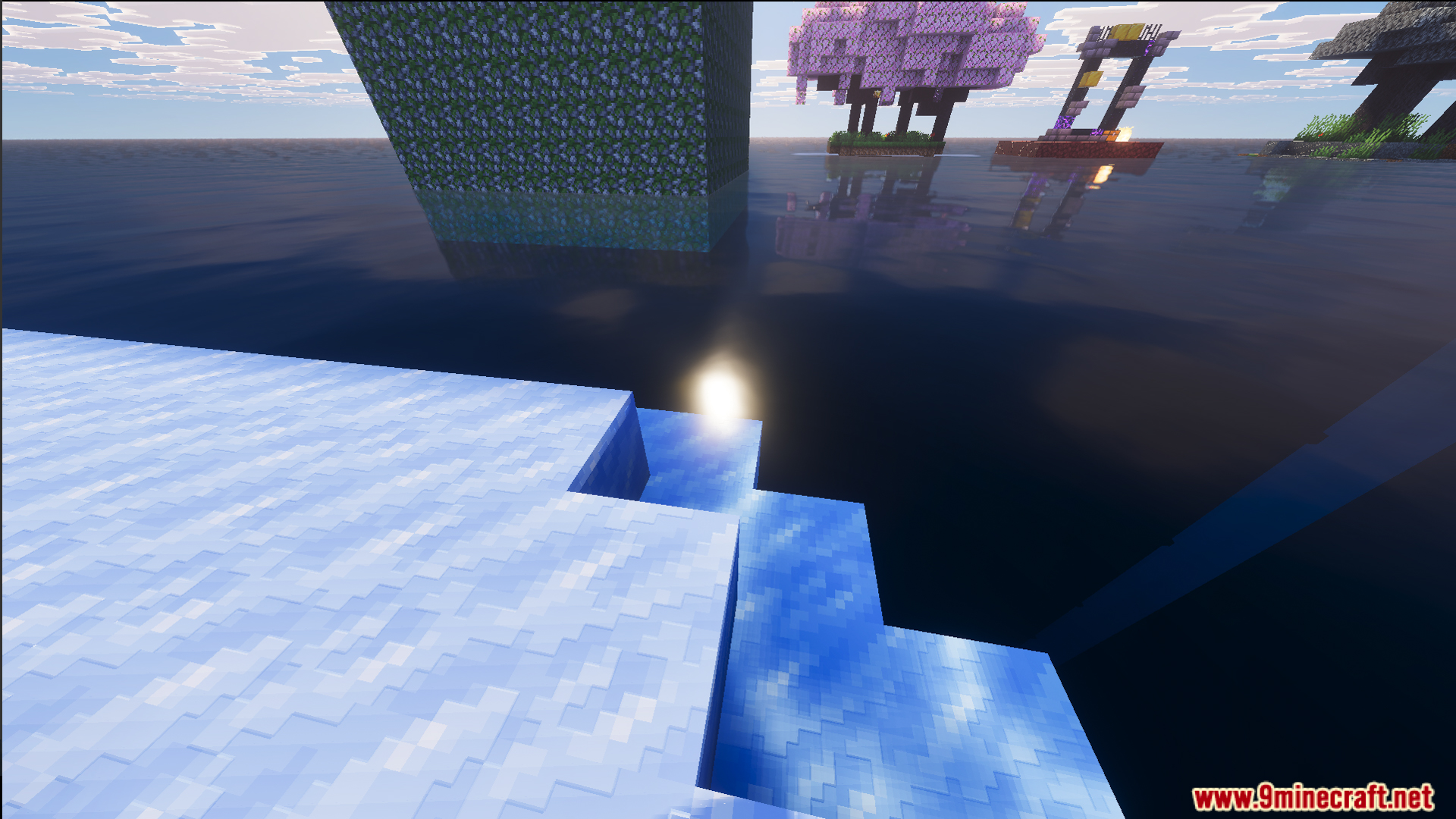 Raft Only World Ultimate Survival Map Screenshot 6 Floating islands with trees and a ruined portal viewed from a snowy platform