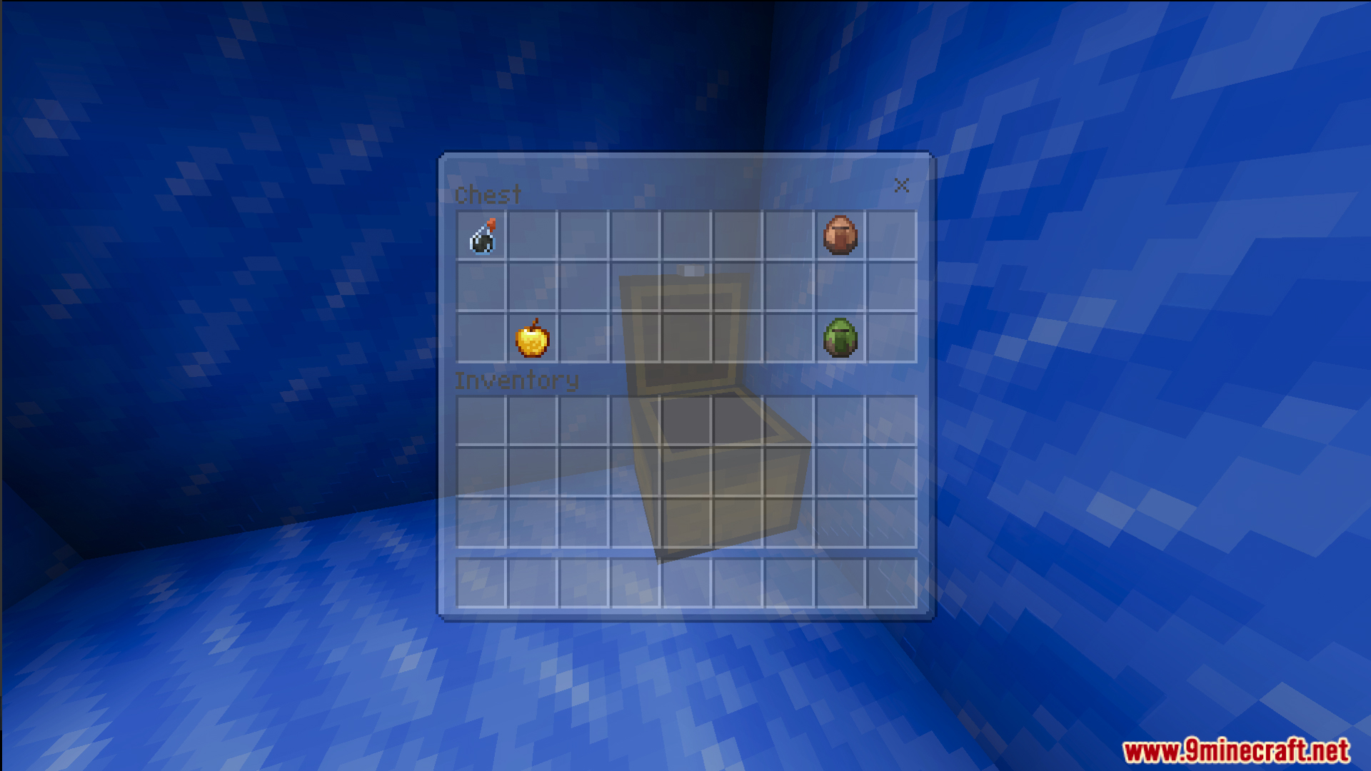 Raft Only World Ultimate Survival Map Screenshot 8 Chest inventory containing a golden apple splash potion and two mob spawn eggs