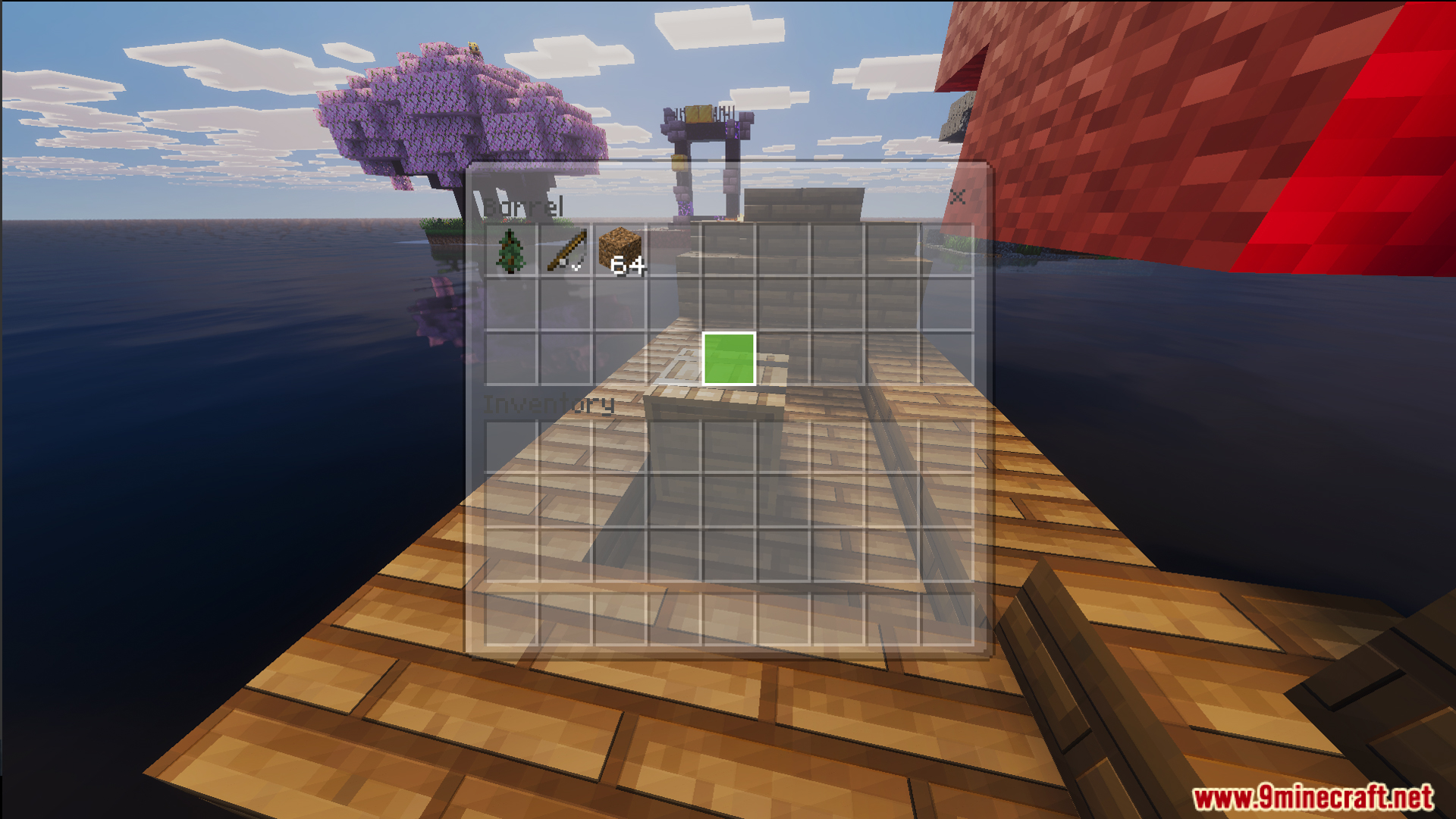 Raft Only World Ultimate Survival Map Screenshot 12 Opening a barrel with resources on a wooden raft in the open ocean