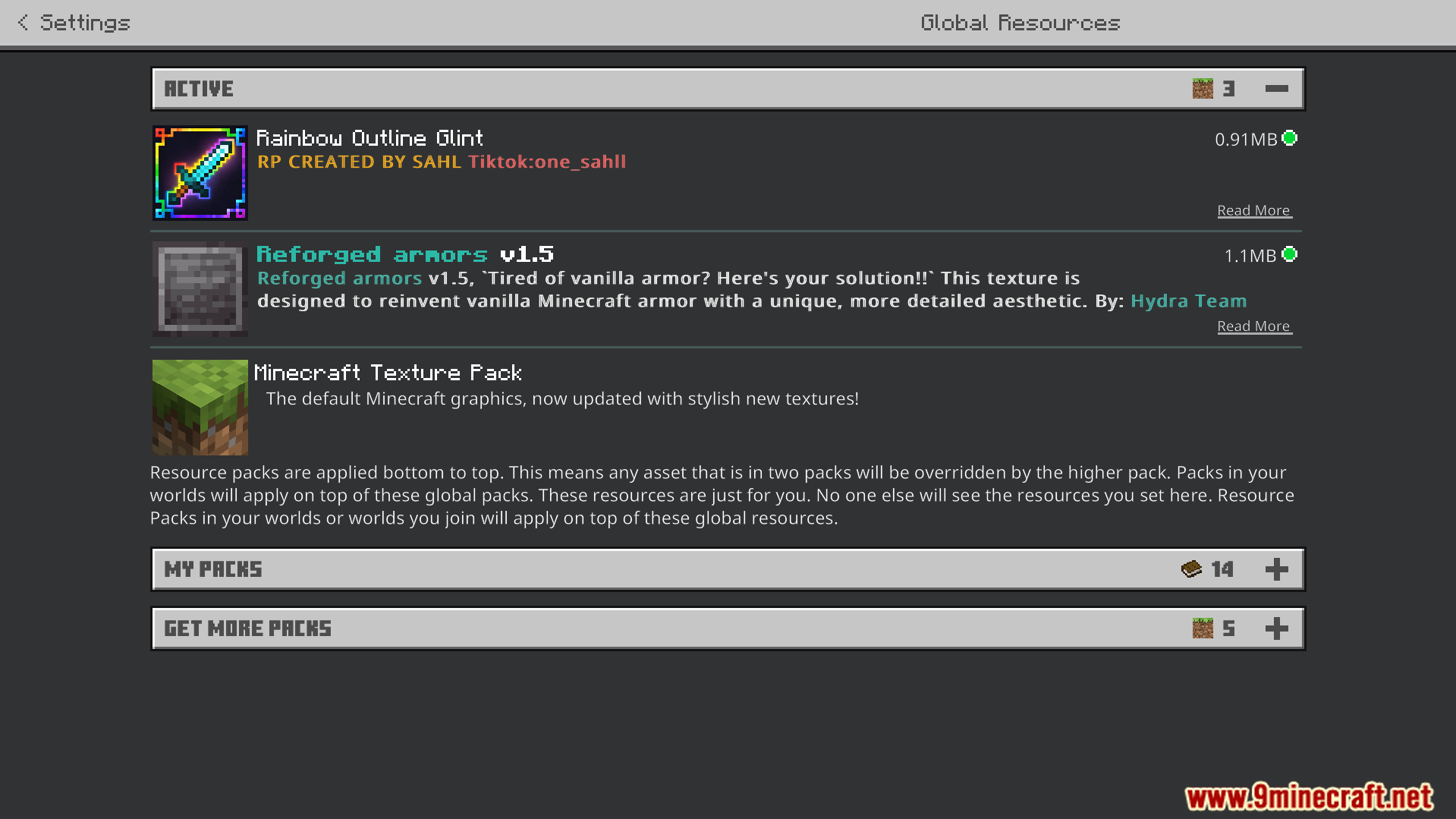 Rainbow Outline Glint Texture Pack Screenshot 1 Player viewing active resource packs in the global resources settings menu