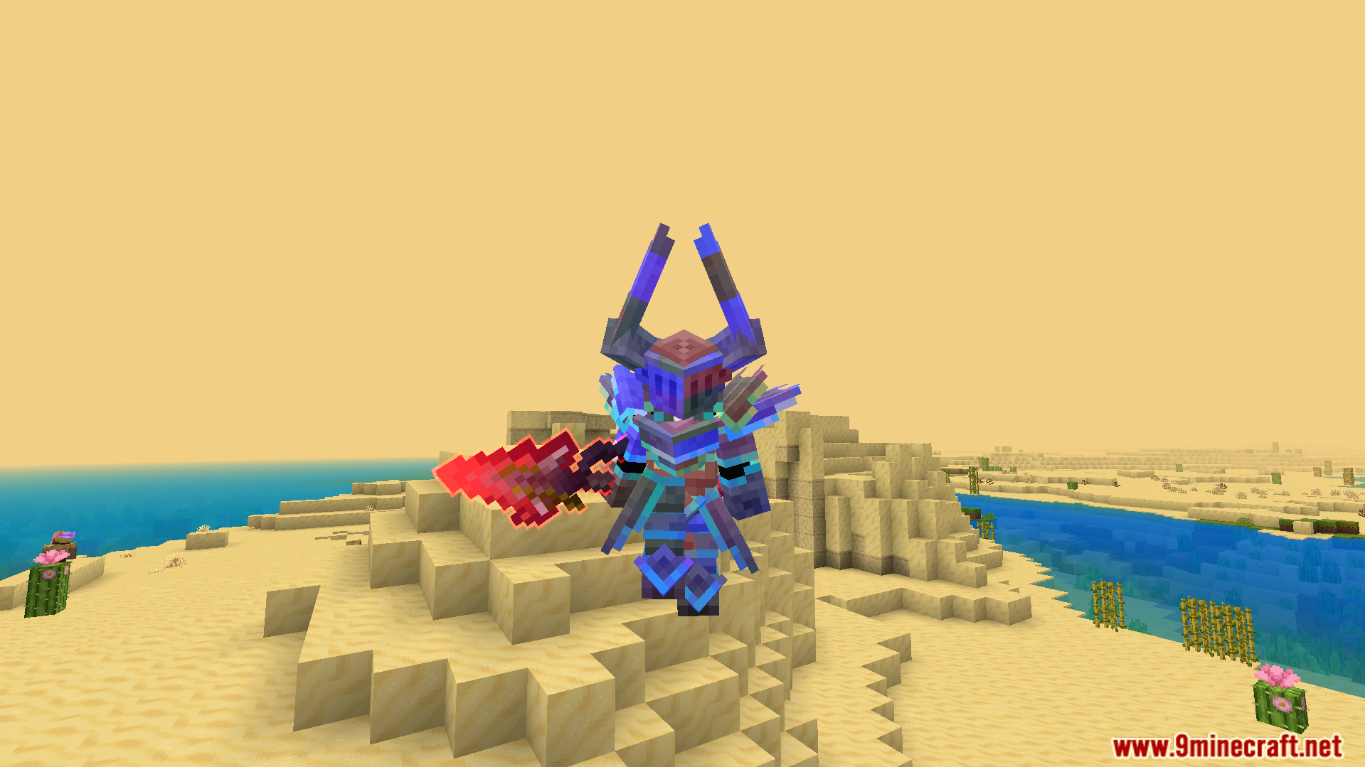 Rainbow Outline Glint Texture Pack Screenshot 3 Player wearing custom horned armor and holding a glowing red sword in desert