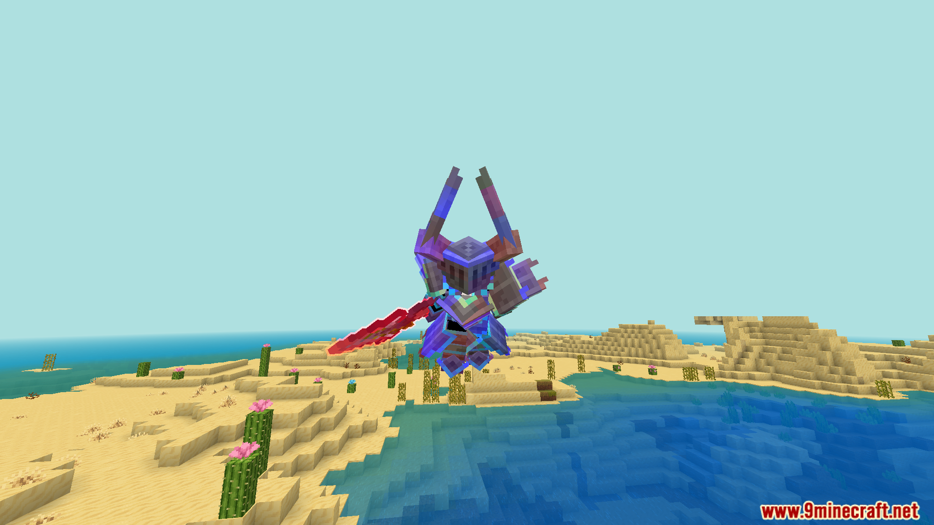 Rainbow Outline Glint Texture Pack Screenshot 4 Player jumping in desert while wearing custom horned armor and holding red sword