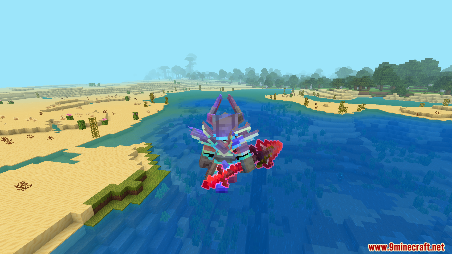 Rainbow Outline Glint Texture Pack Screenshot 5 Player in custom purple armor with rainbow glint holding a red sword