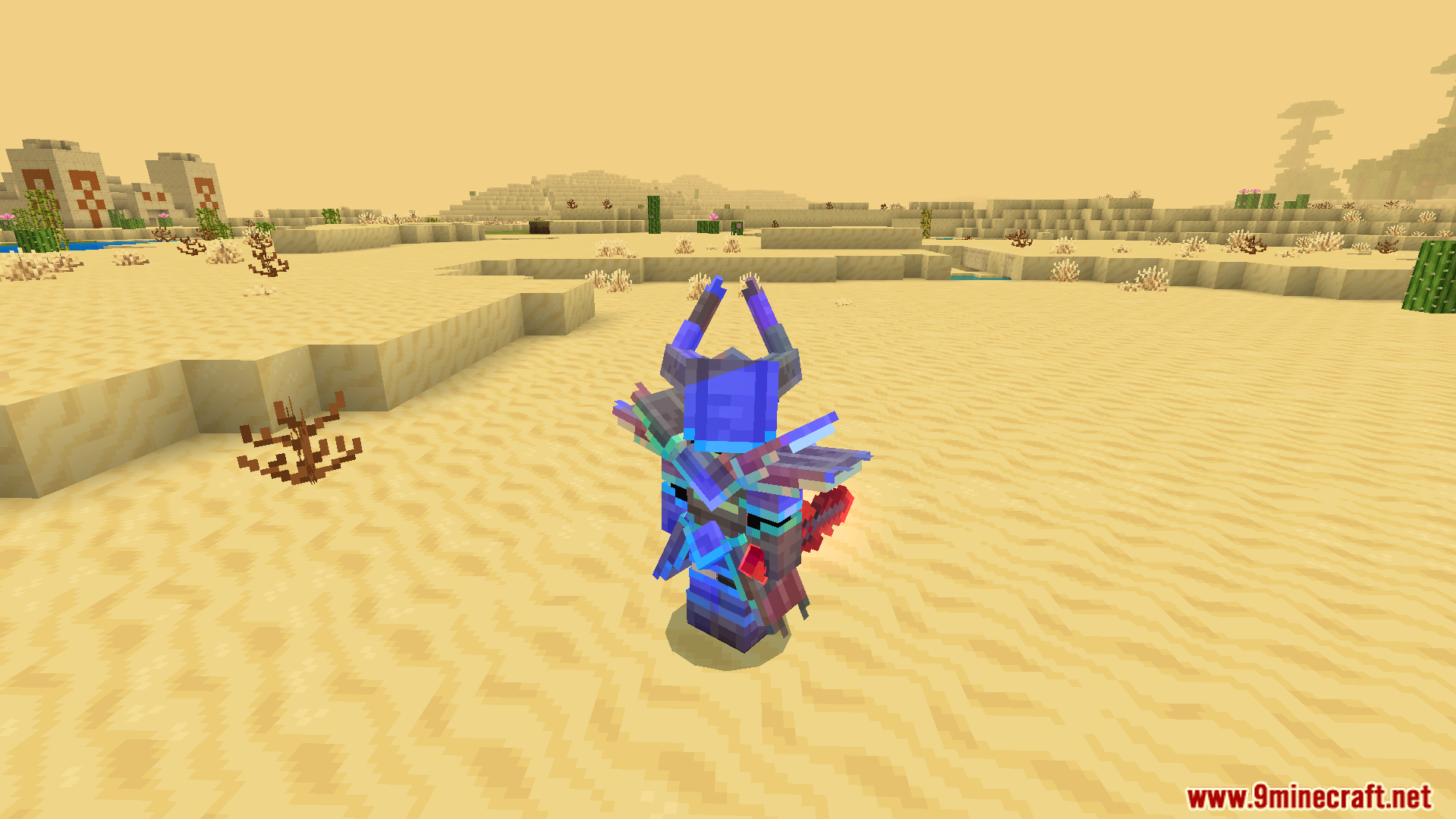 Rainbow Outline Glint Texture Pack Screenshot 6 Player wearing custom purple armor with colorful glint standing in a desert
