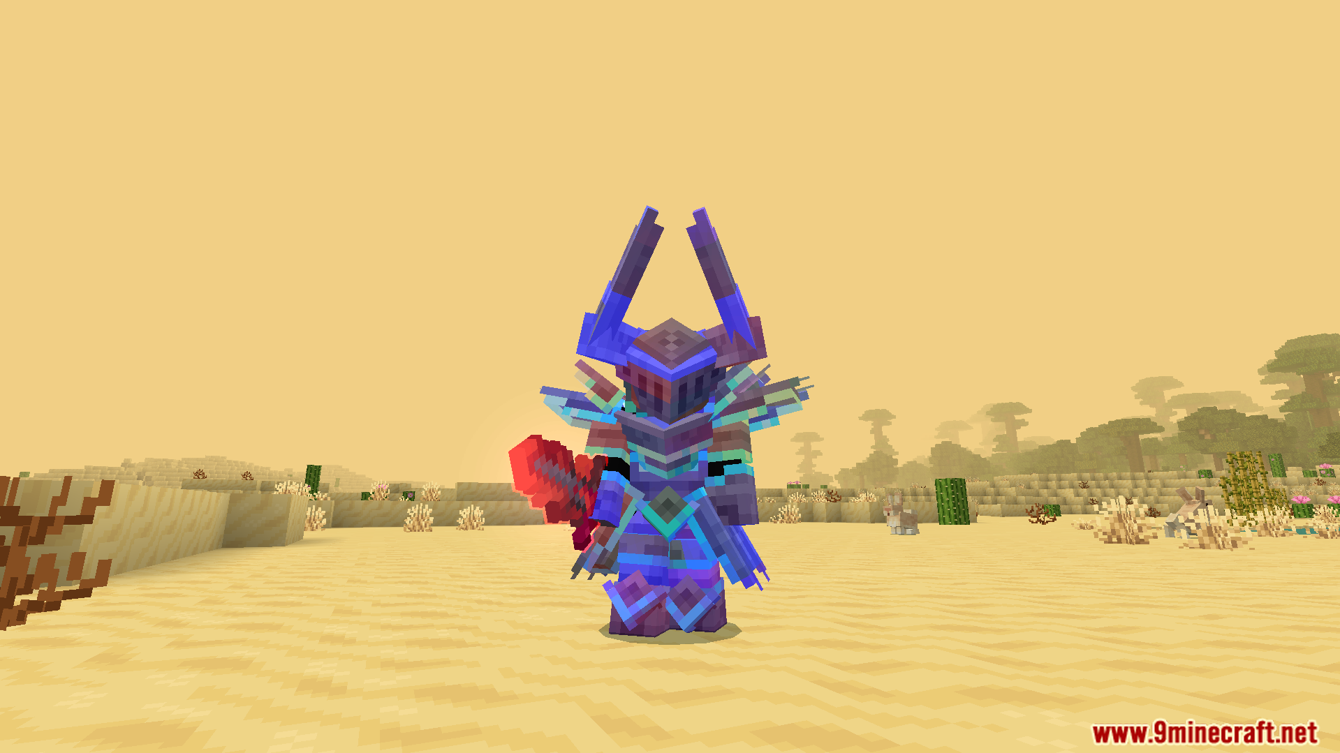 Rainbow Outline Glint Texture Pack Screenshot 7 Player in desert wearing custom horned armor with a colorful glowing outline
