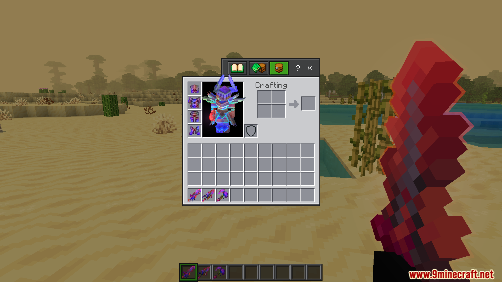 Rainbow Outline Glint Texture Pack Screenshot 8 Open inventory screen showing custom armor and holding a glowing red sword