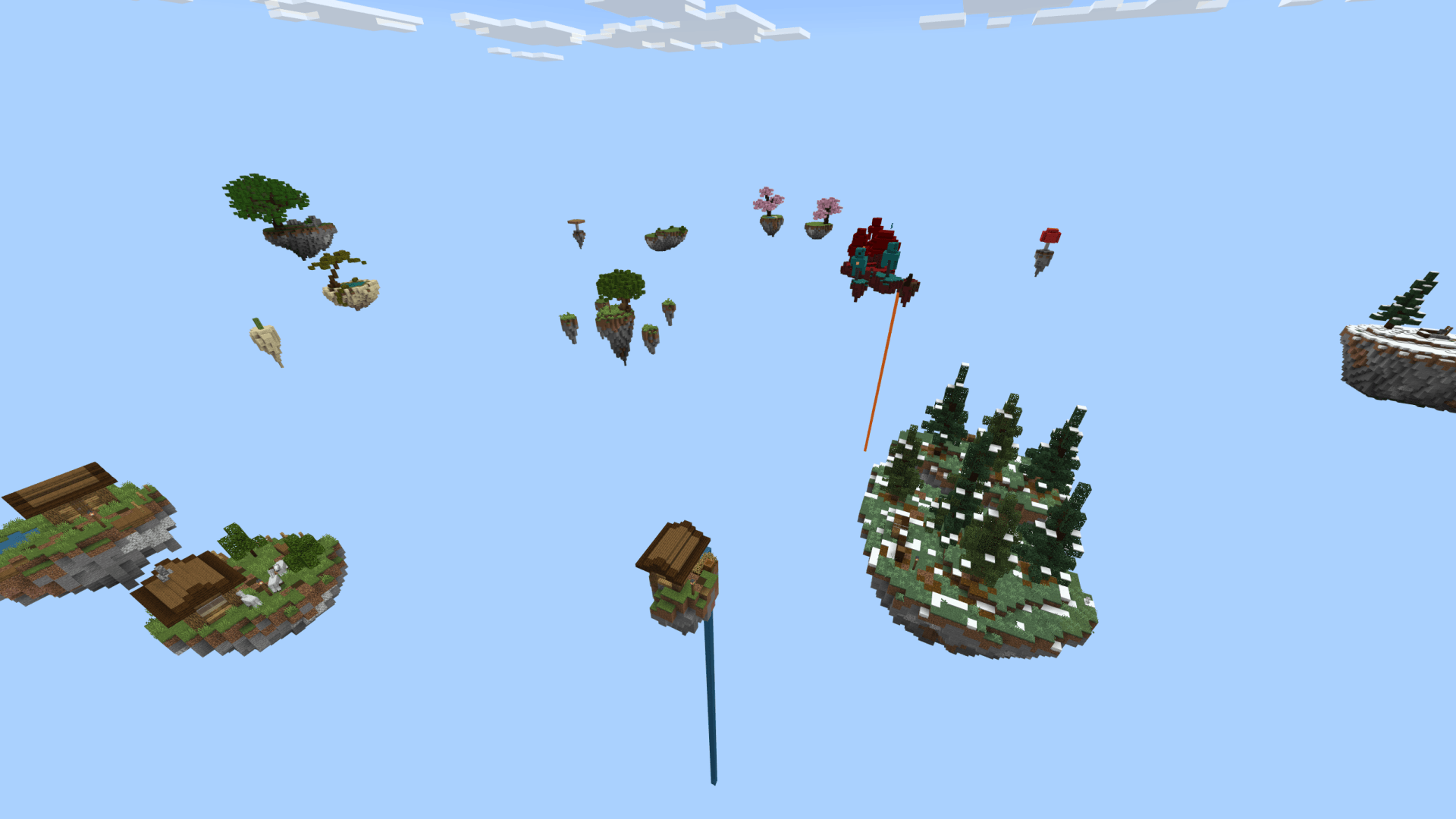 Multiple floating islands featuring different biomes scattered across the sky