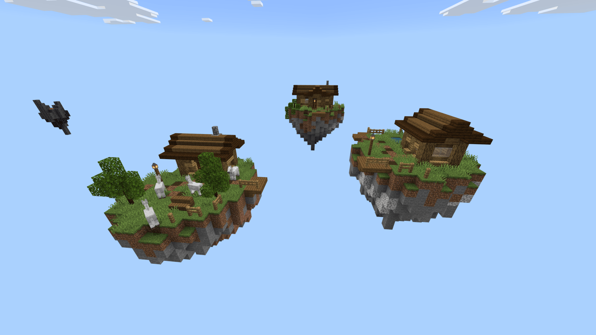 Small wooden houses and llamas on floating dirt islands in sky