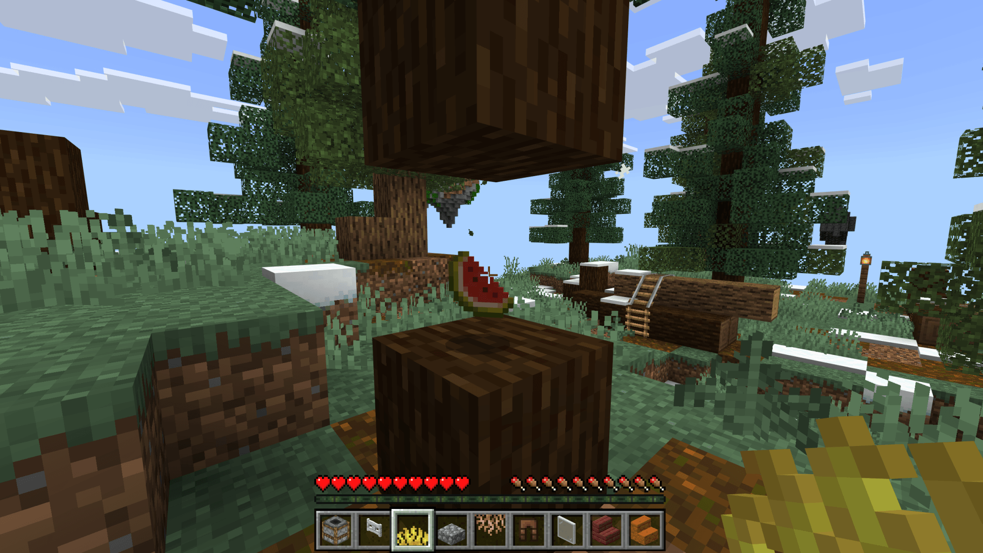 Breaking a wood log block drops a random melon slice item