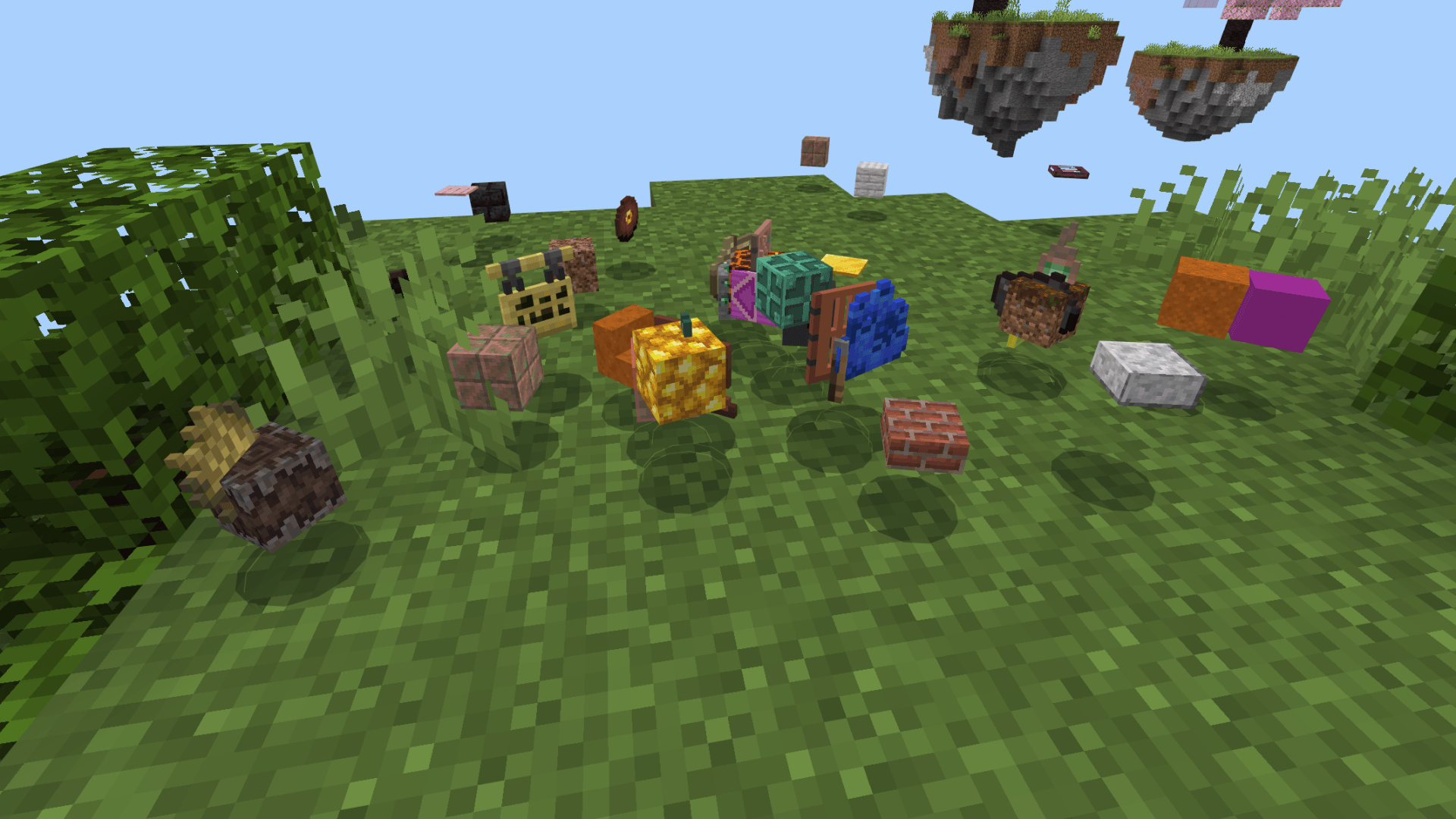 Many random items scattered on a grassy floating island in sky