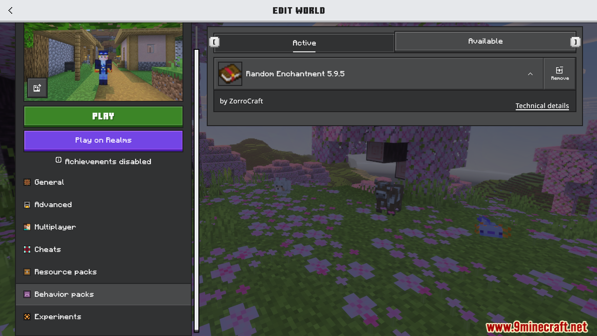 Random Enchantment Addon Screenshot 1 Minecraft world edit menu showing the active Random Enchantment behavior pack