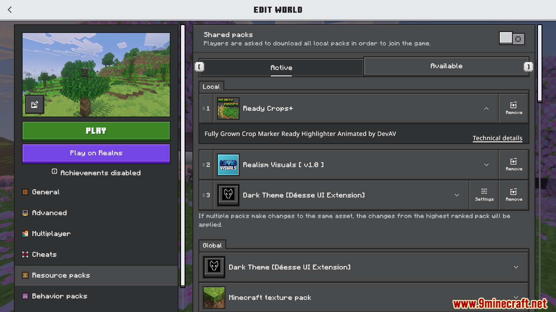 Ready Crops Plus Texture Pack Screenshot 1 Minecraft Bedrock world settings menu showing the active Ready Crops Plus pack