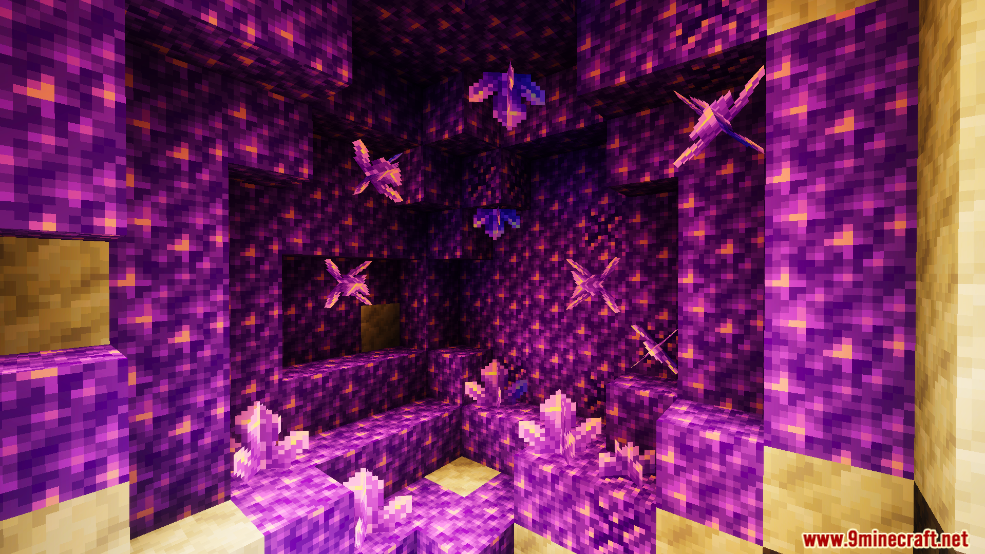 Ready Crops Plus Texture Pack Screenshot 6 Purple amethyst geode with glowing crystal clusters inside a dark underground cave