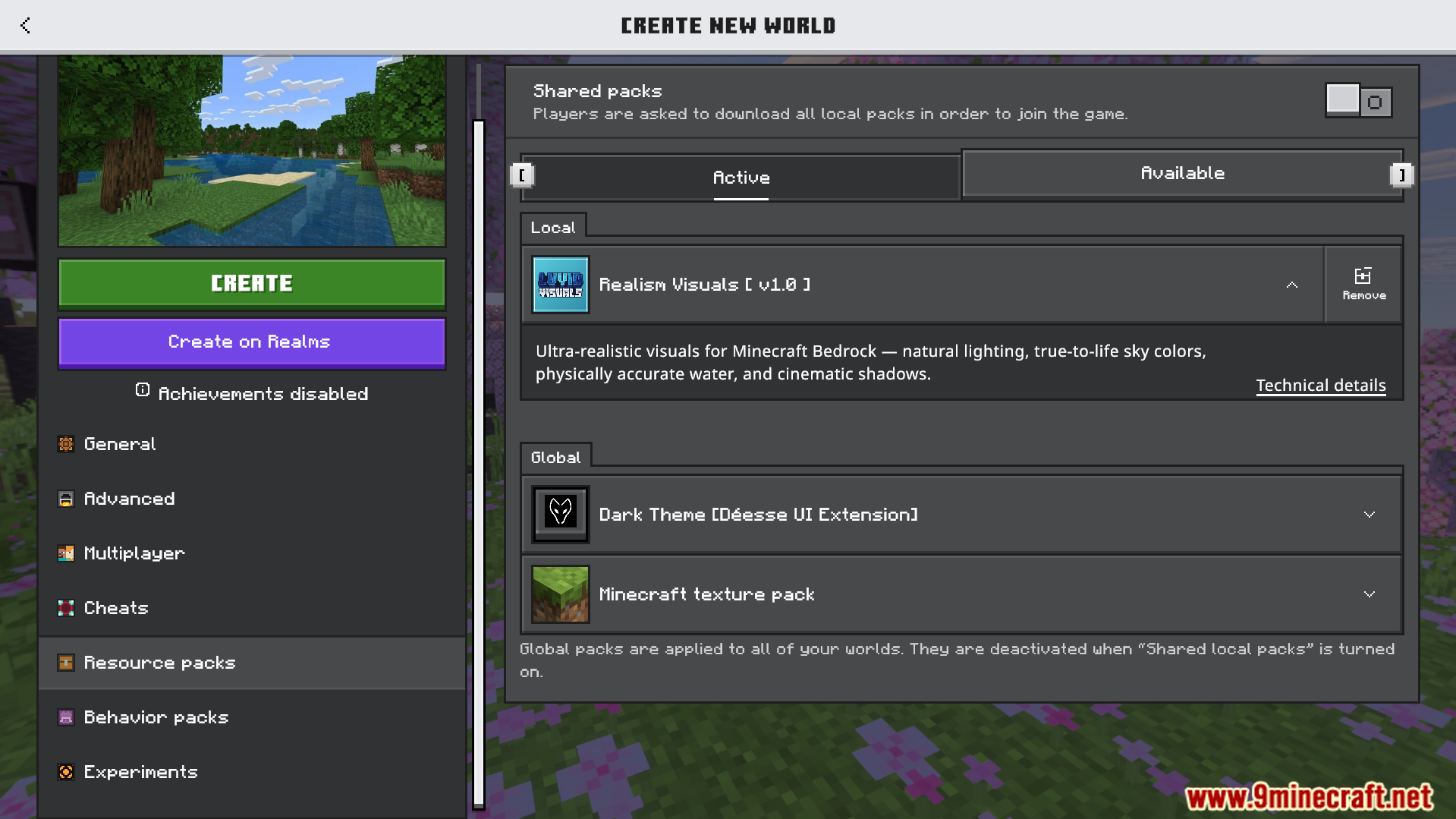 Realism Visuals Shader Screenshot 1 Minecraft Bedrock settings menu showing Realism Visuals Shader active in resource packs