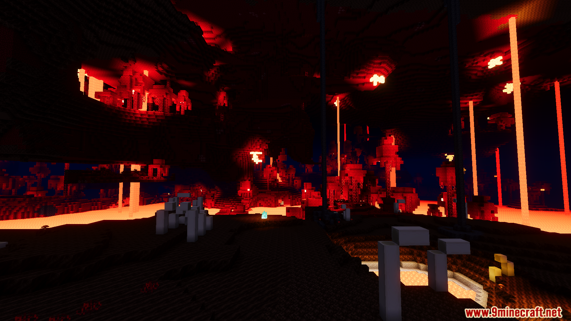 Realism Visuals Shader Screenshot 8 Bright red lighting and lava falls illuminate the nether dimension with realistic visuals