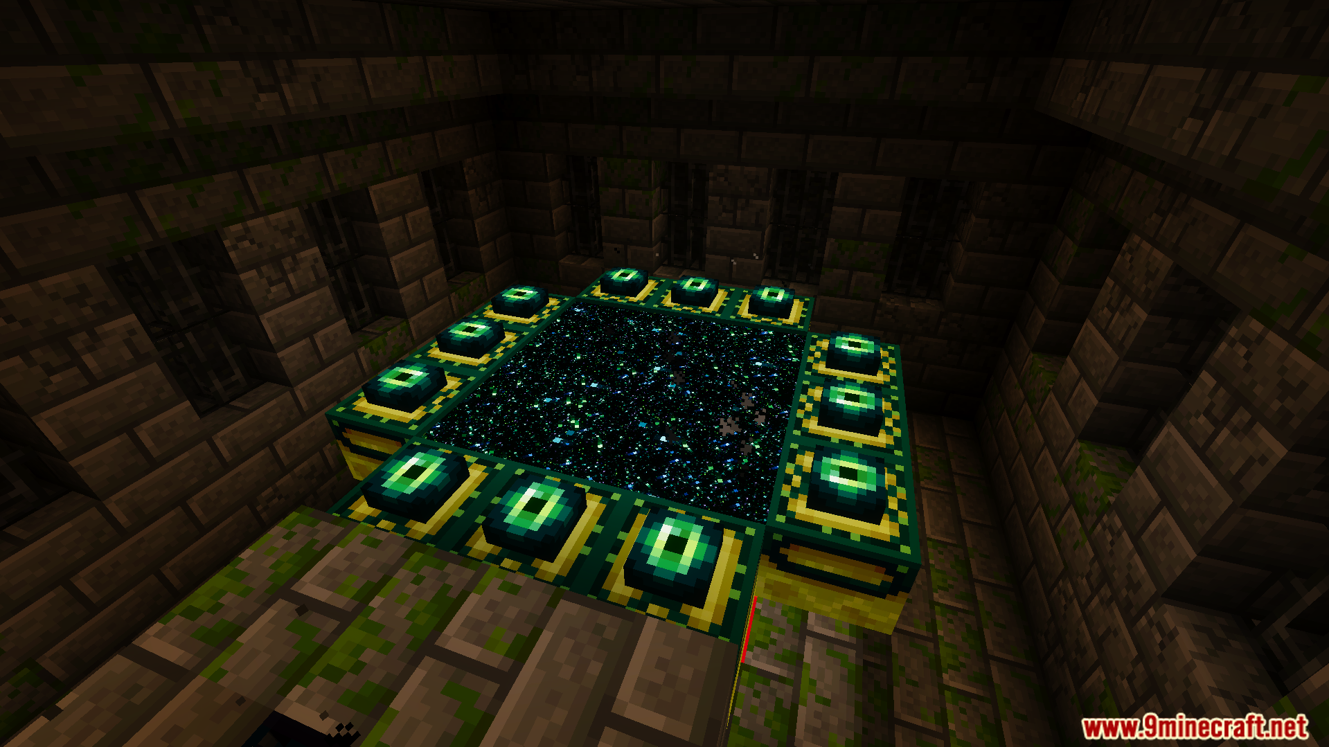 Realism Visuals Shader Screenshot 9 An activated end portal glowing inside a dark stone brick stronghold