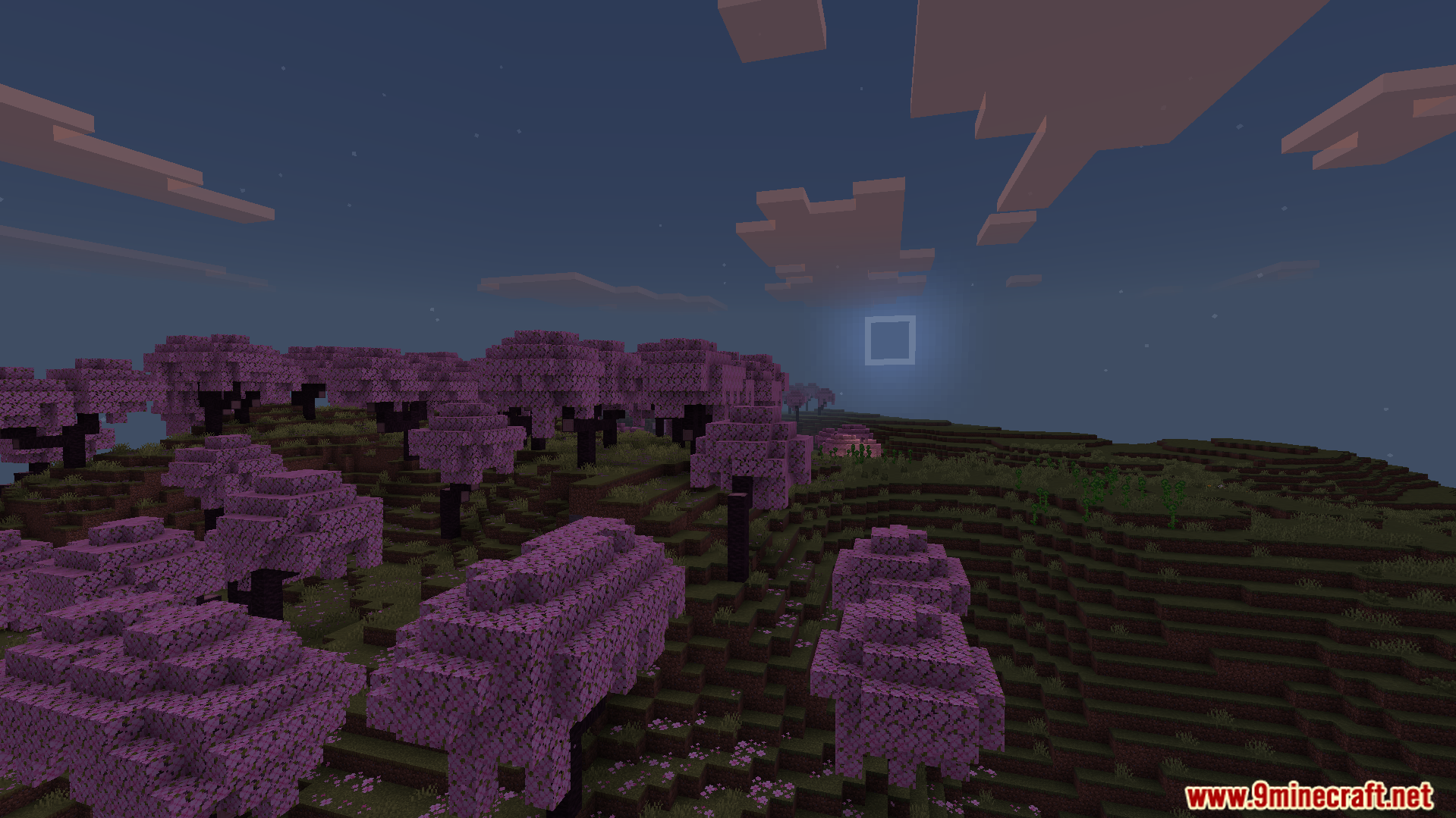 Rebuilt Shader Screenshot 4 Peaceful cherry blossom forest at night with a square moon and stars