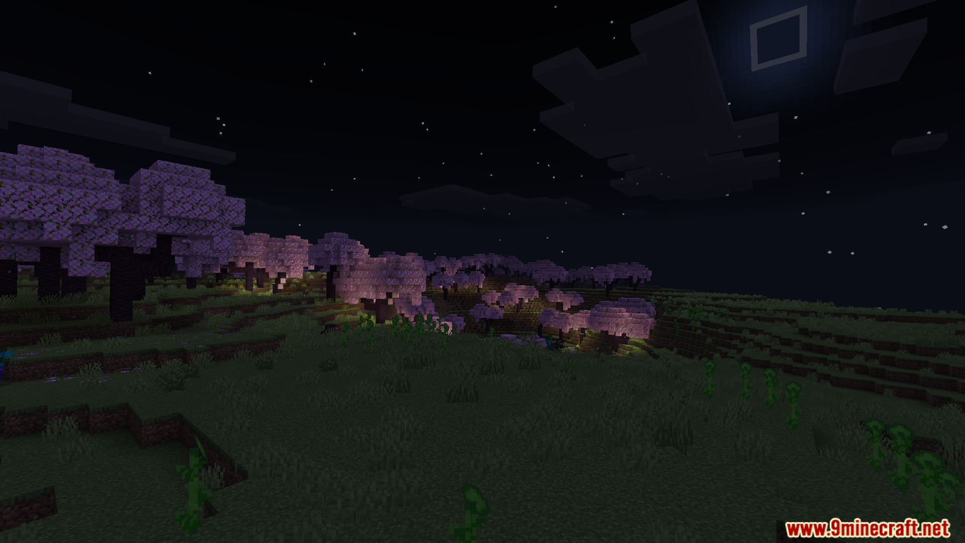Rebuilt Shader Screenshot 6 Creepers roaming through a cherry blossom forest under the moonlit night sky