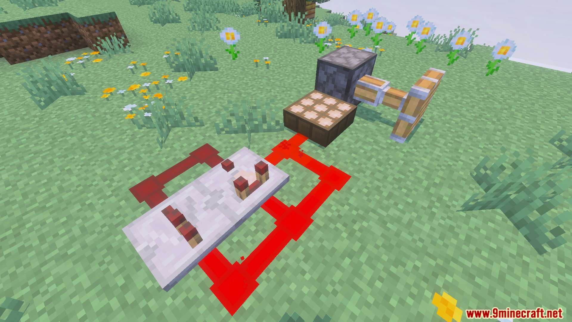 Redstone comparator circuit connected to a daylight detector and a piston on grass