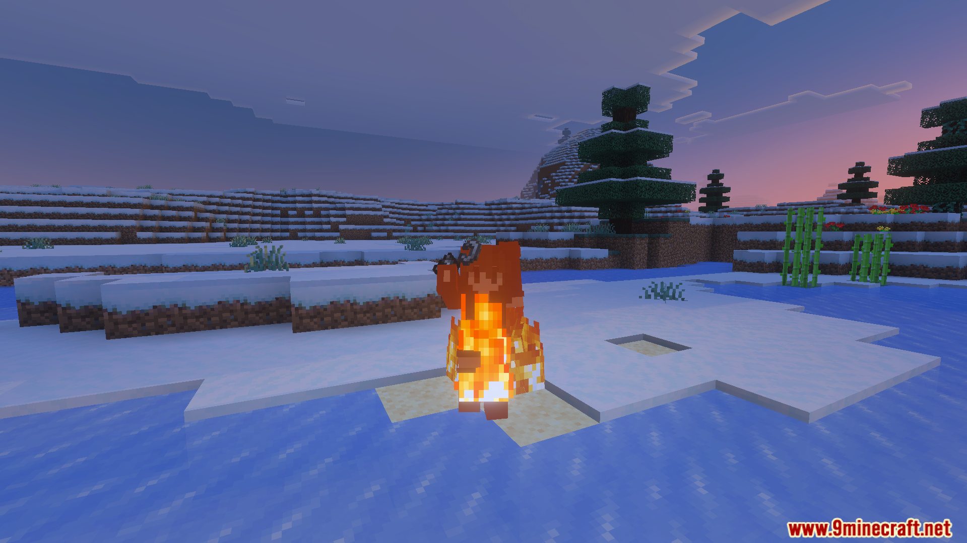 ReWave Texture Pack shows updated textures on a player in snowy biome