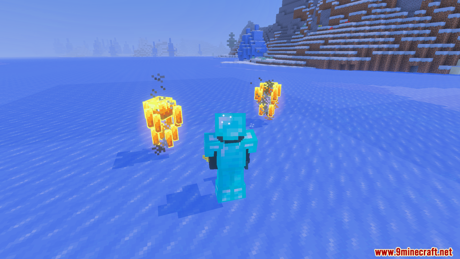 Player wearing diamond armor standing near blazes on ice with custom biome fog