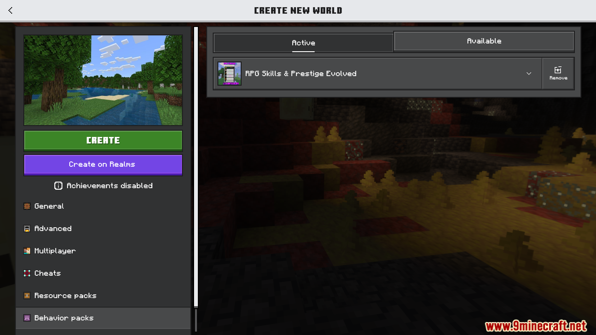 Minecraft world creation menu showing the active RPG Skills and Prestige Evolved addon
