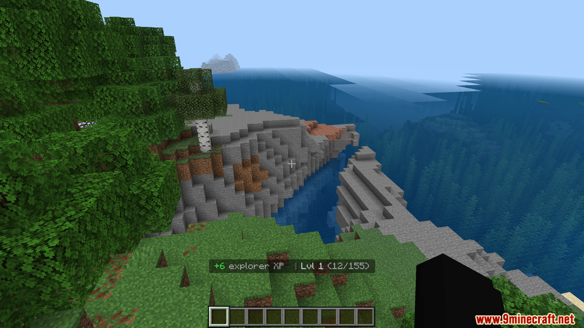 Player gaining explorer experience points while traveling through a coastal Minecraft biome